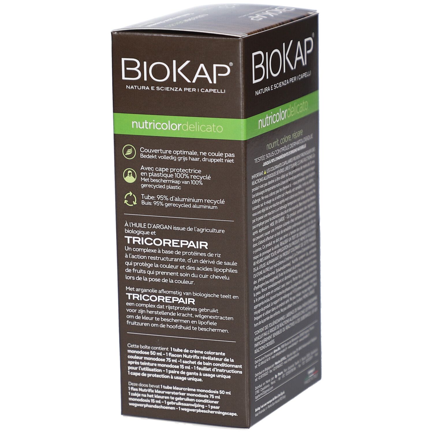 Boîte Biokap Nutricolordelicato 6.3 Blond Foncé Doré. Vue détaillée avec texte et logos. Ingrédients et certifications.