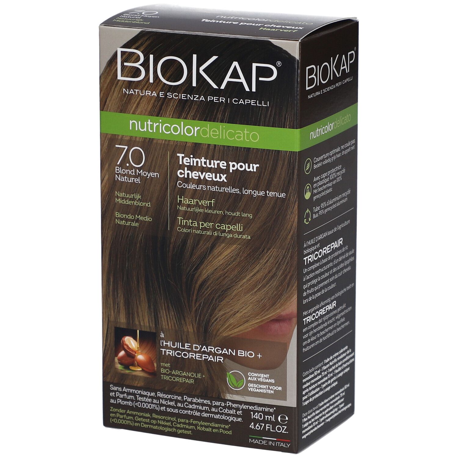 BIOKAP Nutricolor Delicato haarverf 7.0 Blond Moyen Naturel. Verpakking met afbeelding en tekst.