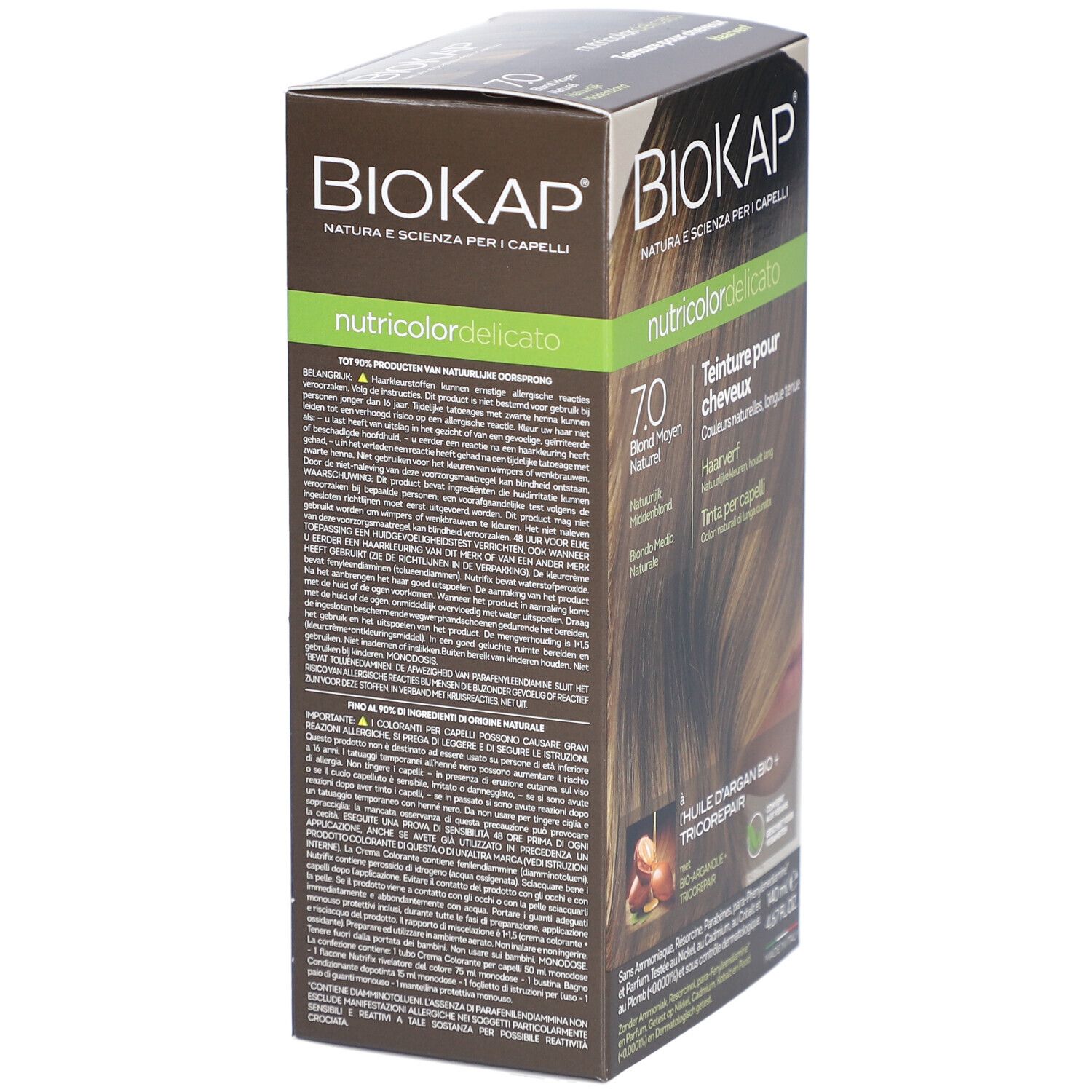 BIOKAP Nutricolor Delicato haarverf. Verpakking met tekst en productinformatie.