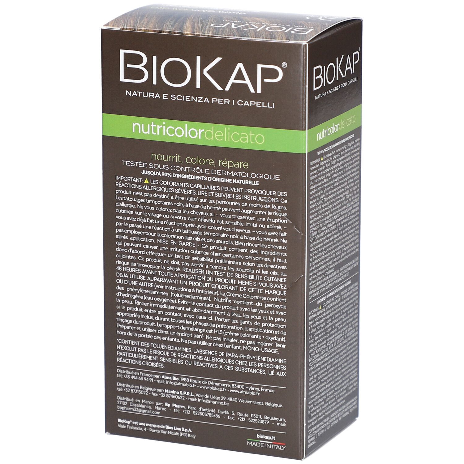 BIOKAP Nutricolor Delicato haarverf. Verpakking met tekst en productinformatie.