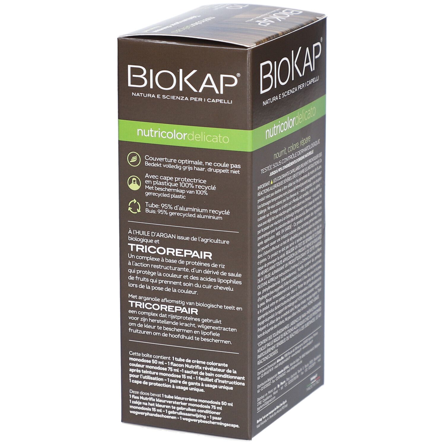 BIOKAP Nutricolor Delicato haarverf. Verpakking met tekst en productinformatie.