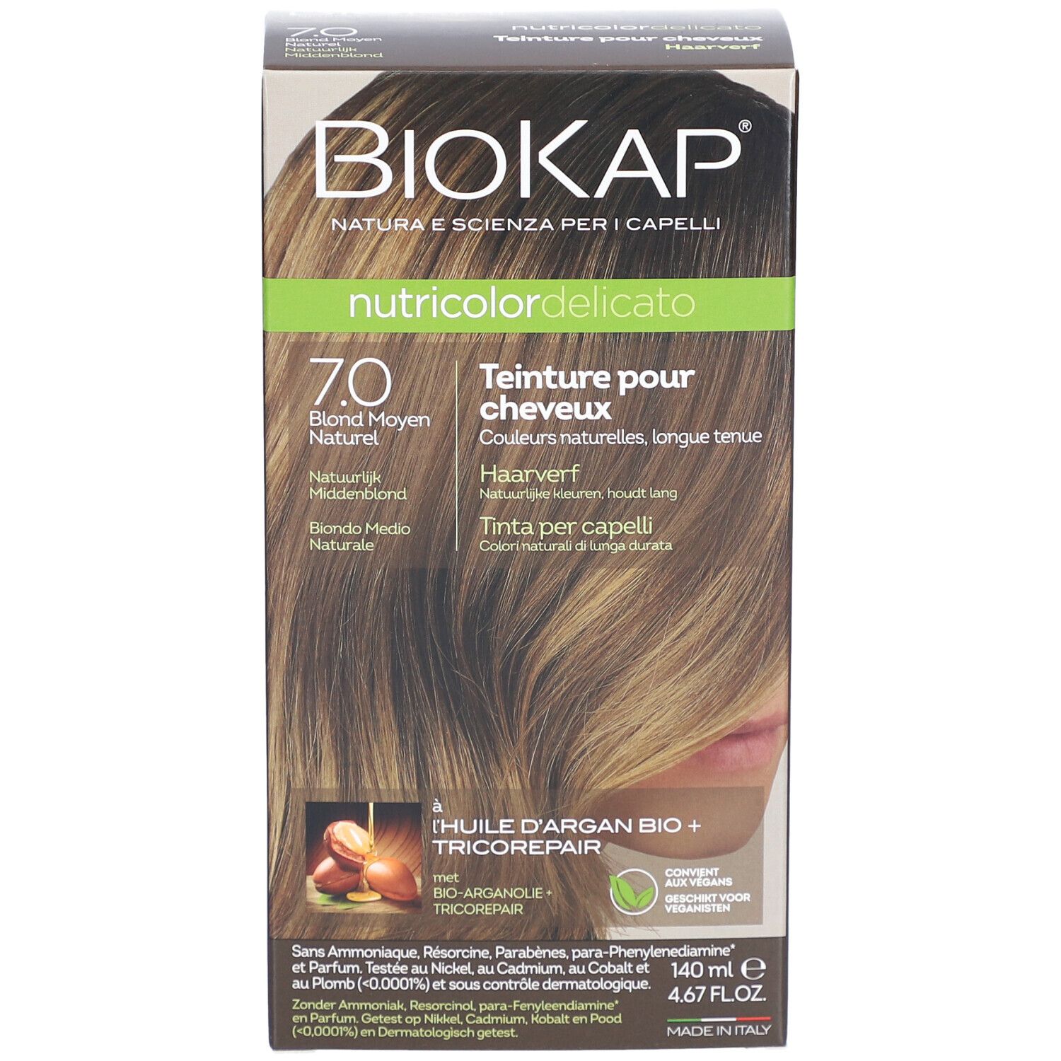 BIOKAP Nutricolor Delicato haarverf. Verpakking met tekst en productinformatie.
