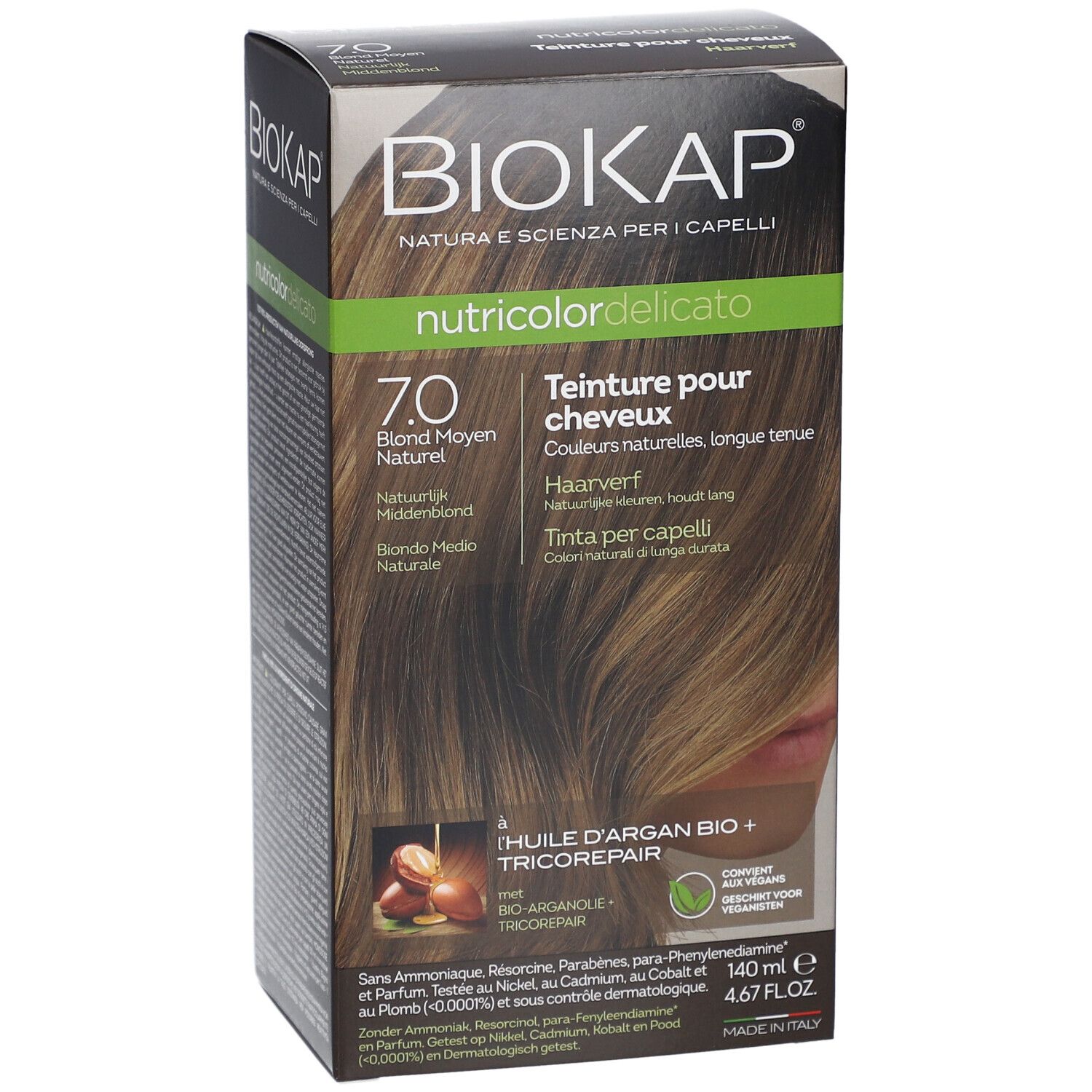 BIOKAP Nutricolor Delicato haarverf 7.0 Blond Moyen Naturel. Verpakking met afbeelding en tekst.