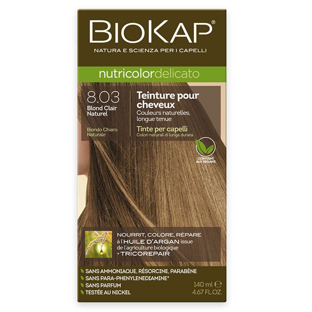 Verpakking BIOKAP Nutricolor Delicato 8.03 Blond Clair Naturel. Productafbeelding en tekst.