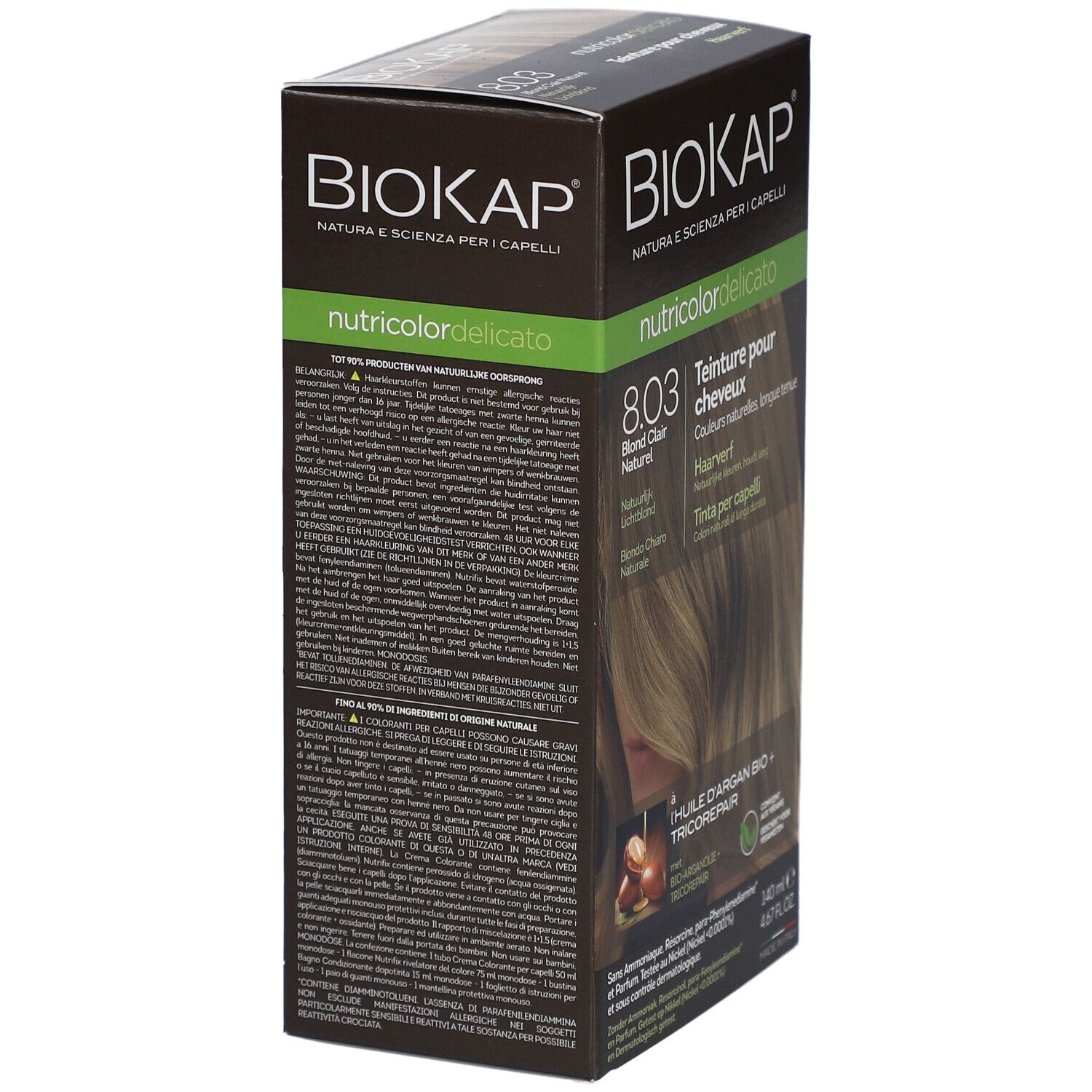 Productverpakking BIOKAP Nutricolor Delicato 8.03 Blond Clair Naturel. Achterkant met tekst.