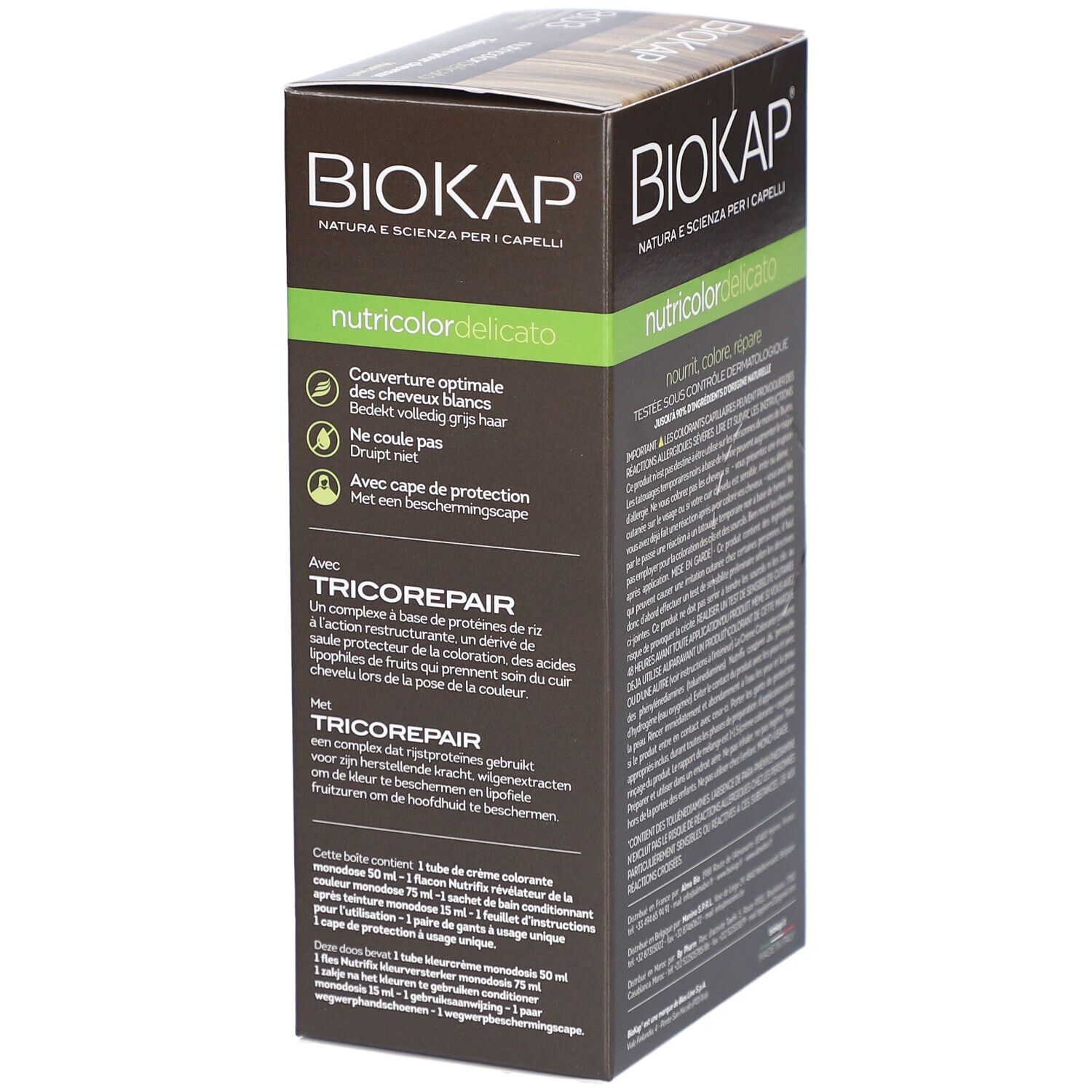 Productverpakking BIOKAP Nutricolor Delicato 8.03 Blond Clair Naturel. Zijzicht met tekst.
