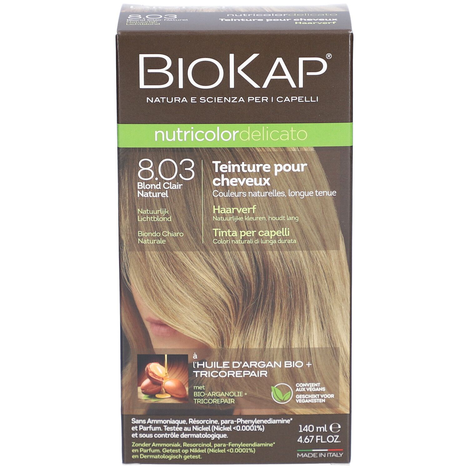 Productverpakking BIOKAP Nutricolor Delicato 8.03 Blond Clair Naturel. Zijzicht met tekst.