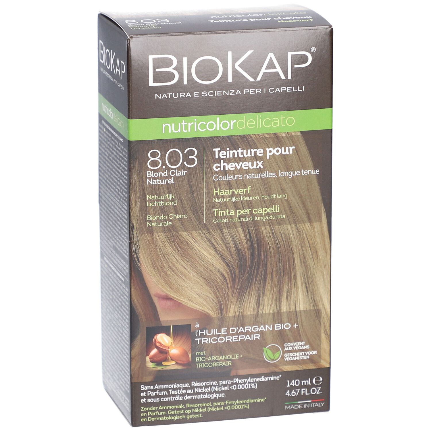 Productverpakking BIOKAP Nutricolor Delicato 8.03 Blond Clair Naturel. Afbeelding en tekst.