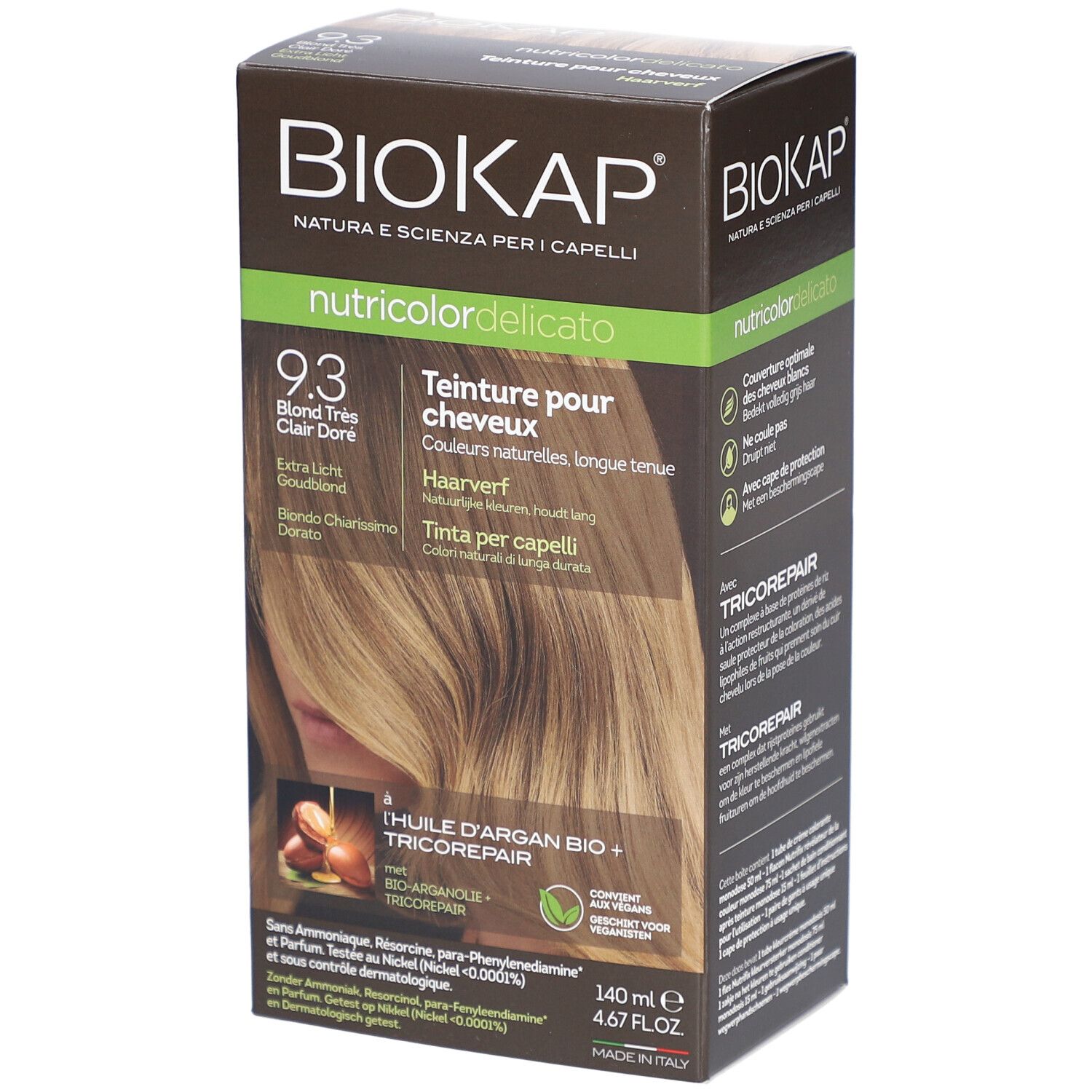 Verpakking BIOKAP Nutricolor Delicato 9.3 Blond très Clair Doré. Productinfo en haarkleur.