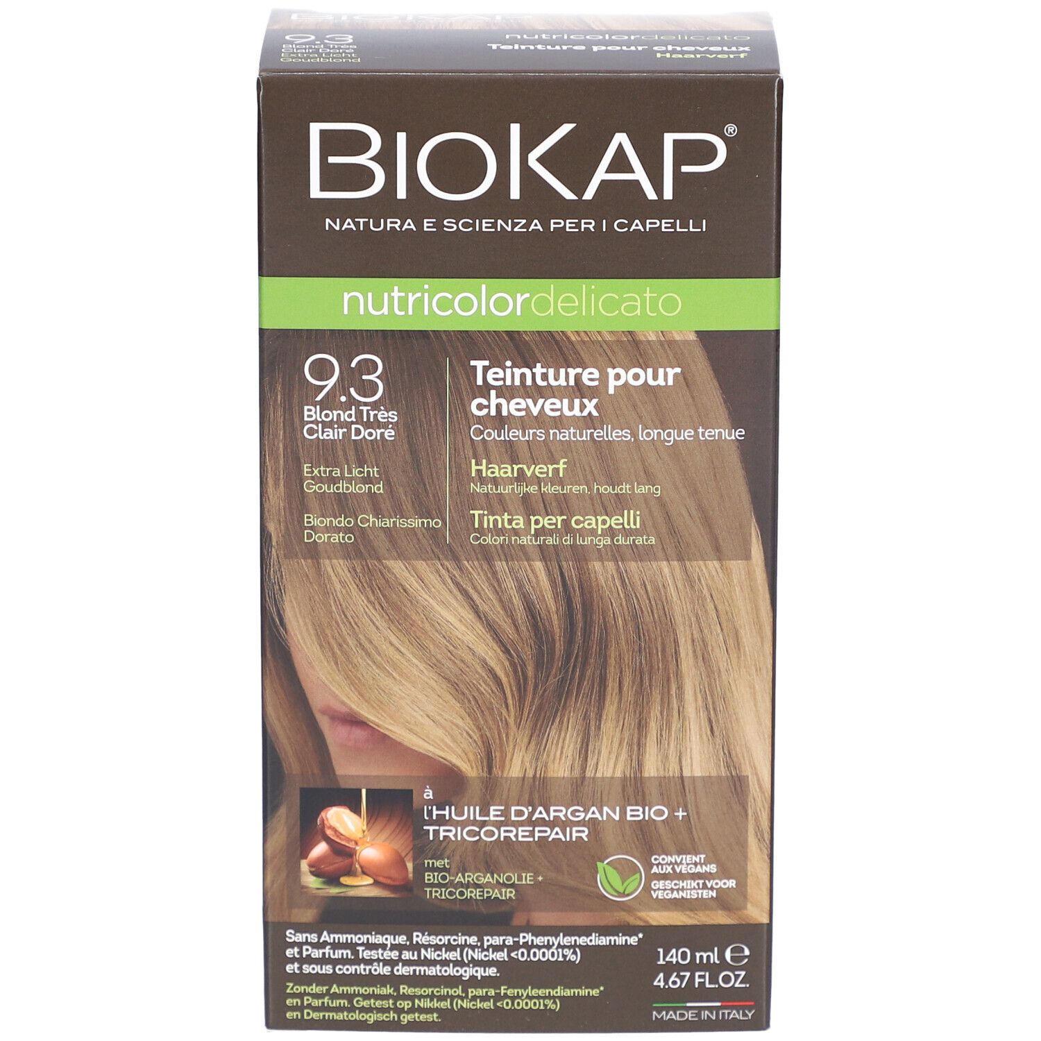 Verpakking BIOKAP Nutricolor Delicato 9.3 Blond très Clair Doré. Productinfo.