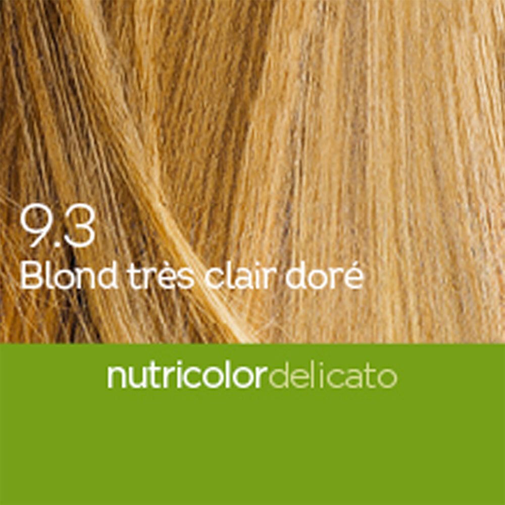 BIOKAP Nutricolor Delicato 9.3 Blond très Clair Doré. Blonde haarstreng. Productnaam en tint.