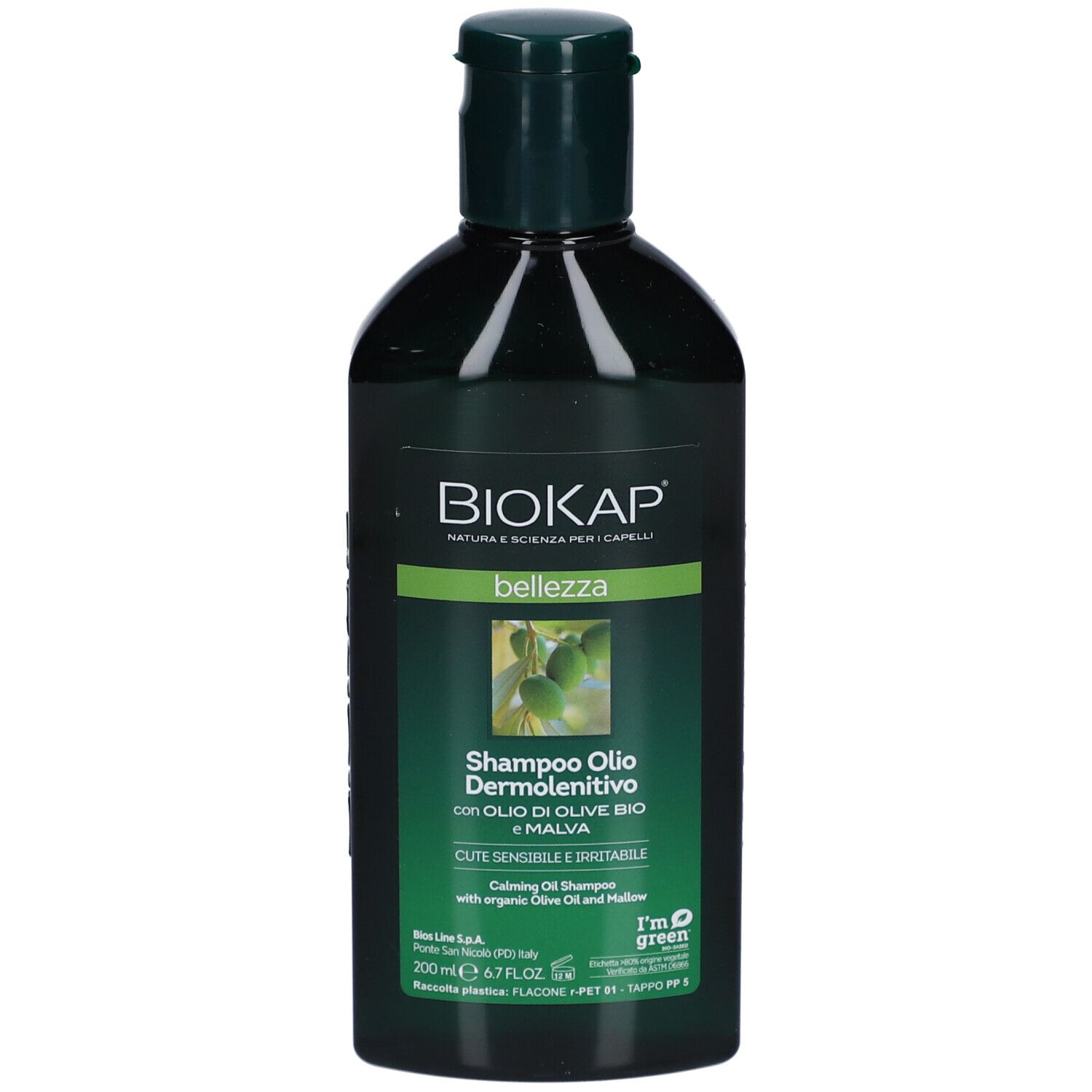 Donkere fles met groene dop. Opschrift: BIOKAP, Shampoo Olio Dermolenitivo.