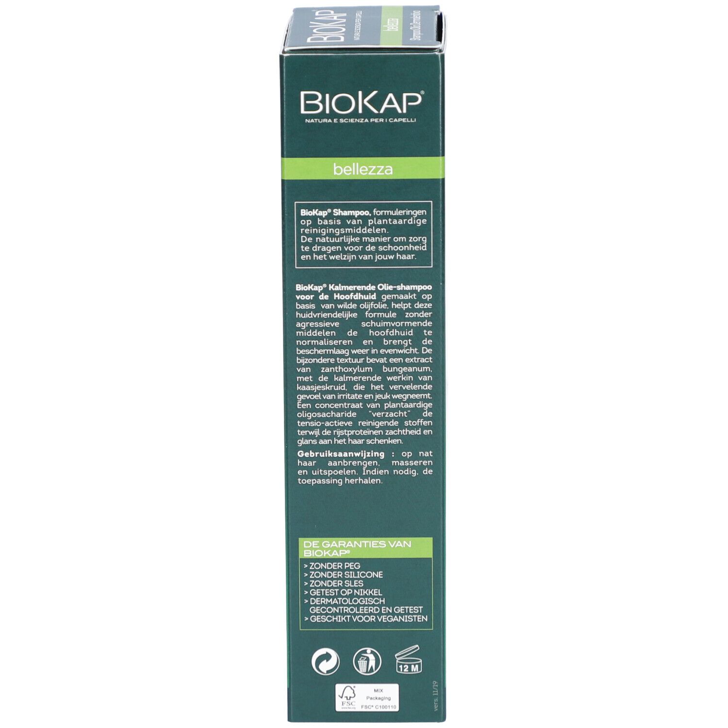 Verpakking met productnaam: BIOKAP, Shampooing-Huile Apaisant. Groene en witte tekst.