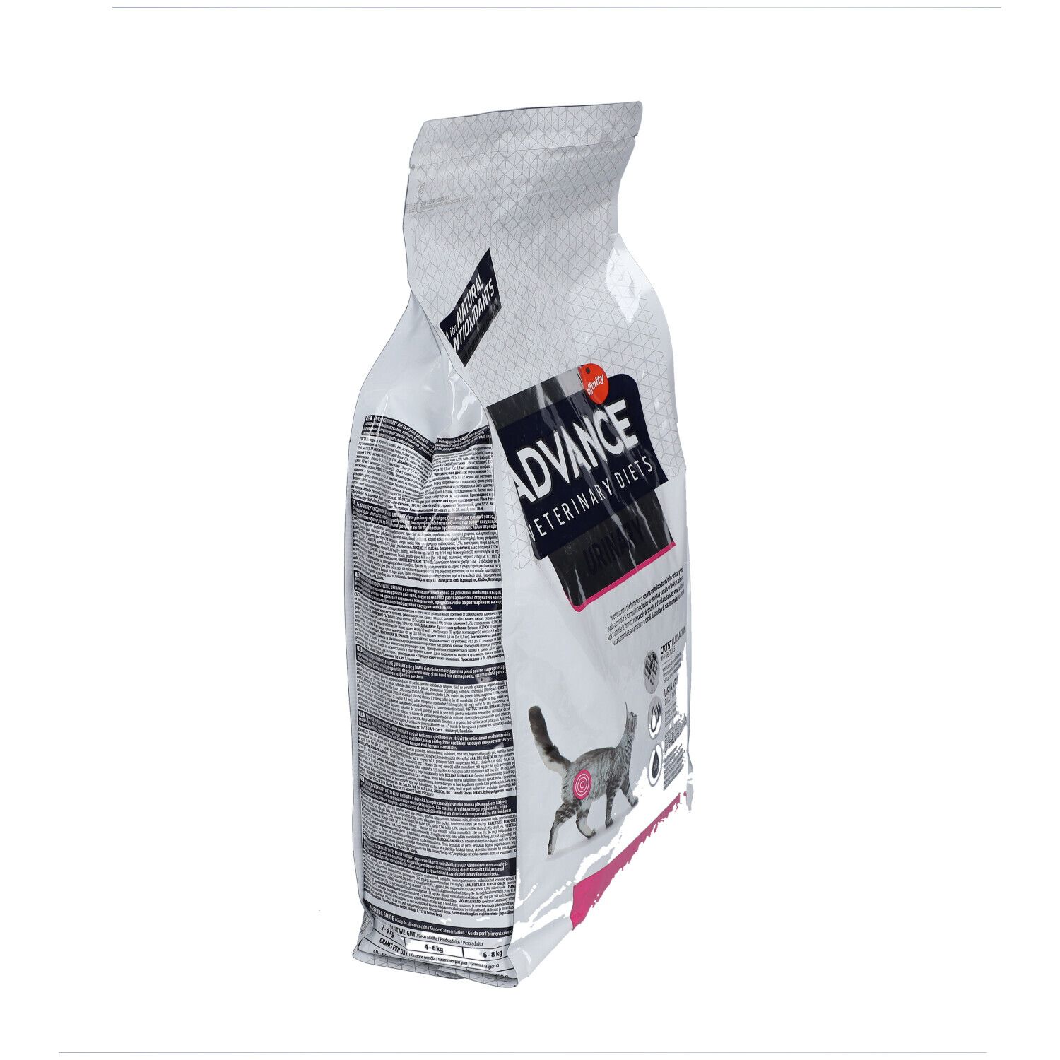 Vue latérale du sac ADVANCE Veterinary Diets Urinary Chat. Texte et logo. Antioxydants naturels.