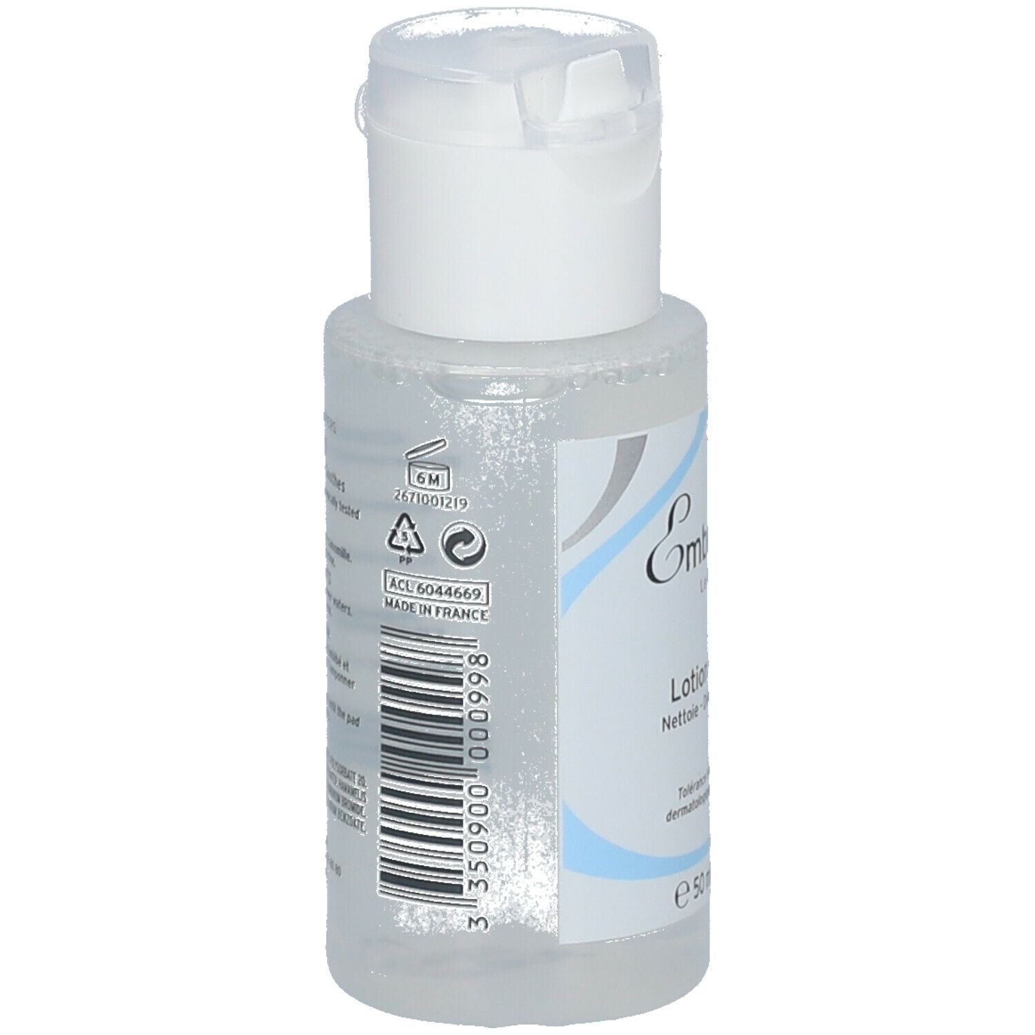 Achterkant van de fles. Opschrift: Embryolisse, diverse symbolen en barcode. Gemaakt in Frankrijk. Volume: 50 ml.