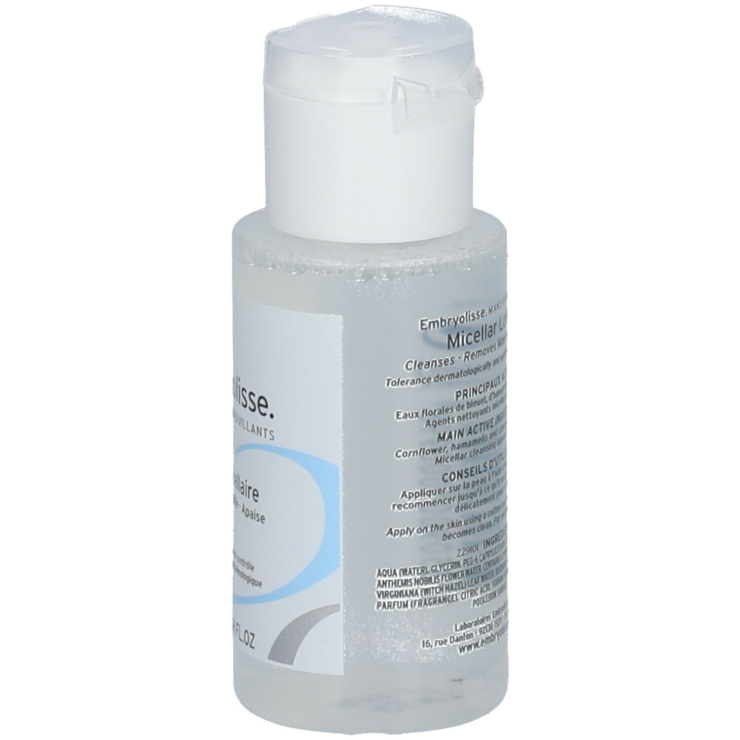 Transparante fles met witte klapdop. Opschrift: Embryolisse, Lotion Micellaire. Blauwe en grijze designelementen. Volume: 50 ml. Ingrediënten.
