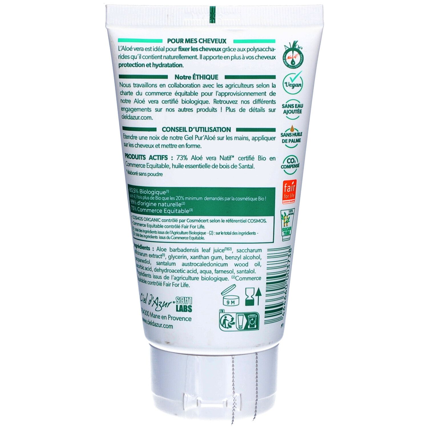 Dos du tube. Texte en français. Informations sur les ingrédients et la certification biologique.