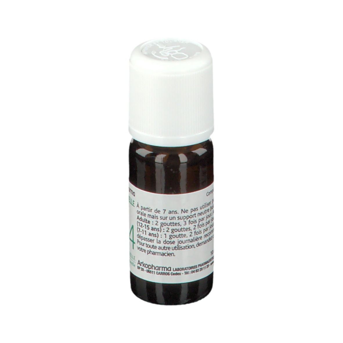 Flacon en verre brun avec bouchon blanc. Étiquette avec texte. Contient des informations d'utilisation. Marque: Arkopharma.