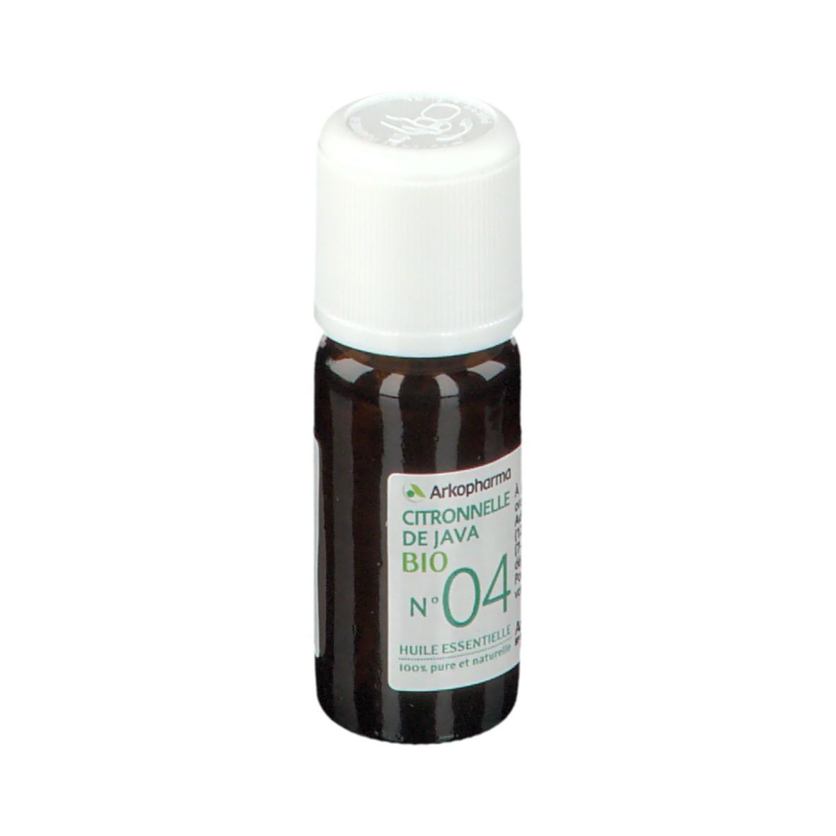 Flacon en verre brun avec bouchon blanc. Étiquette verte: Citronnelle de Java BIO N°04. Huile essentielle.