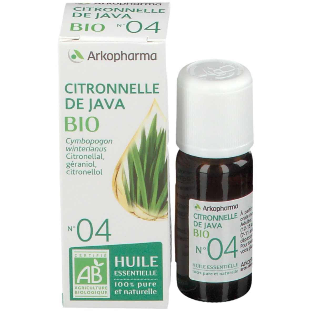 Emballage et flacon. Emballage avec texte vert: Citronnelle de Java BIO N°04. Certification AB.