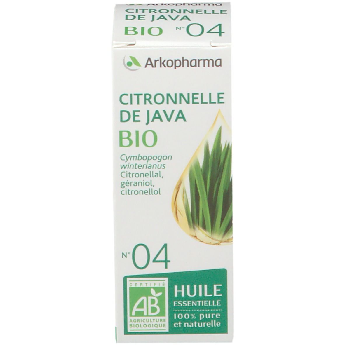 Emballage du produit. Emballage avec texte vert: Citronnelle de Java BIO N°04. Certification AB. Huile essentielle.