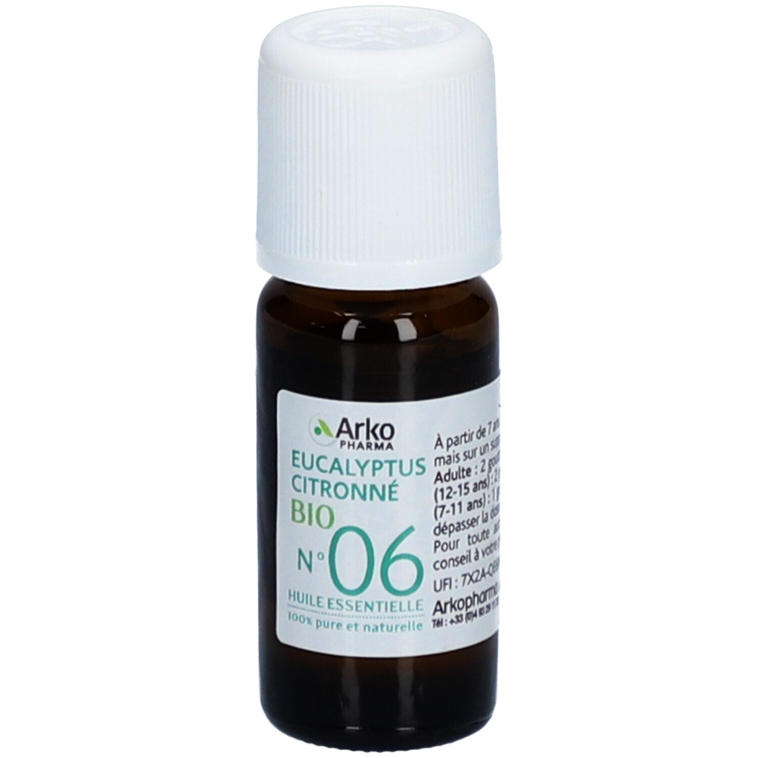 Bruine glazen fles met witte dop. Etiket met tekst: Arko Pharma, Eucalyptus Citronné Bio, Huile Essentielle, Nr. 06.