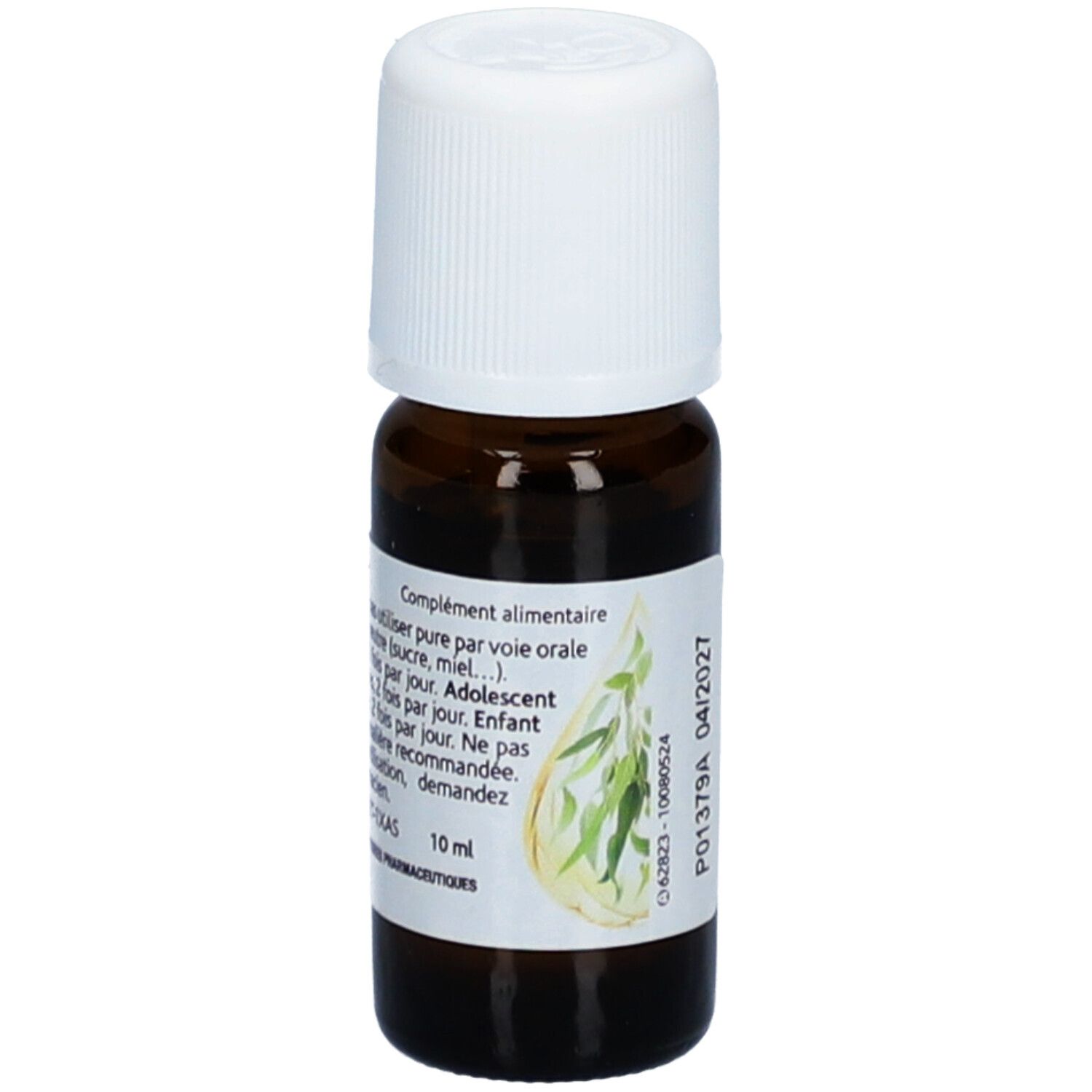 Bruine glazen fles met witte dop. Etiket met tekst: Arko Pharma, Eucalyptus Citronné Bio, Huile Essentielle. 10 ml.