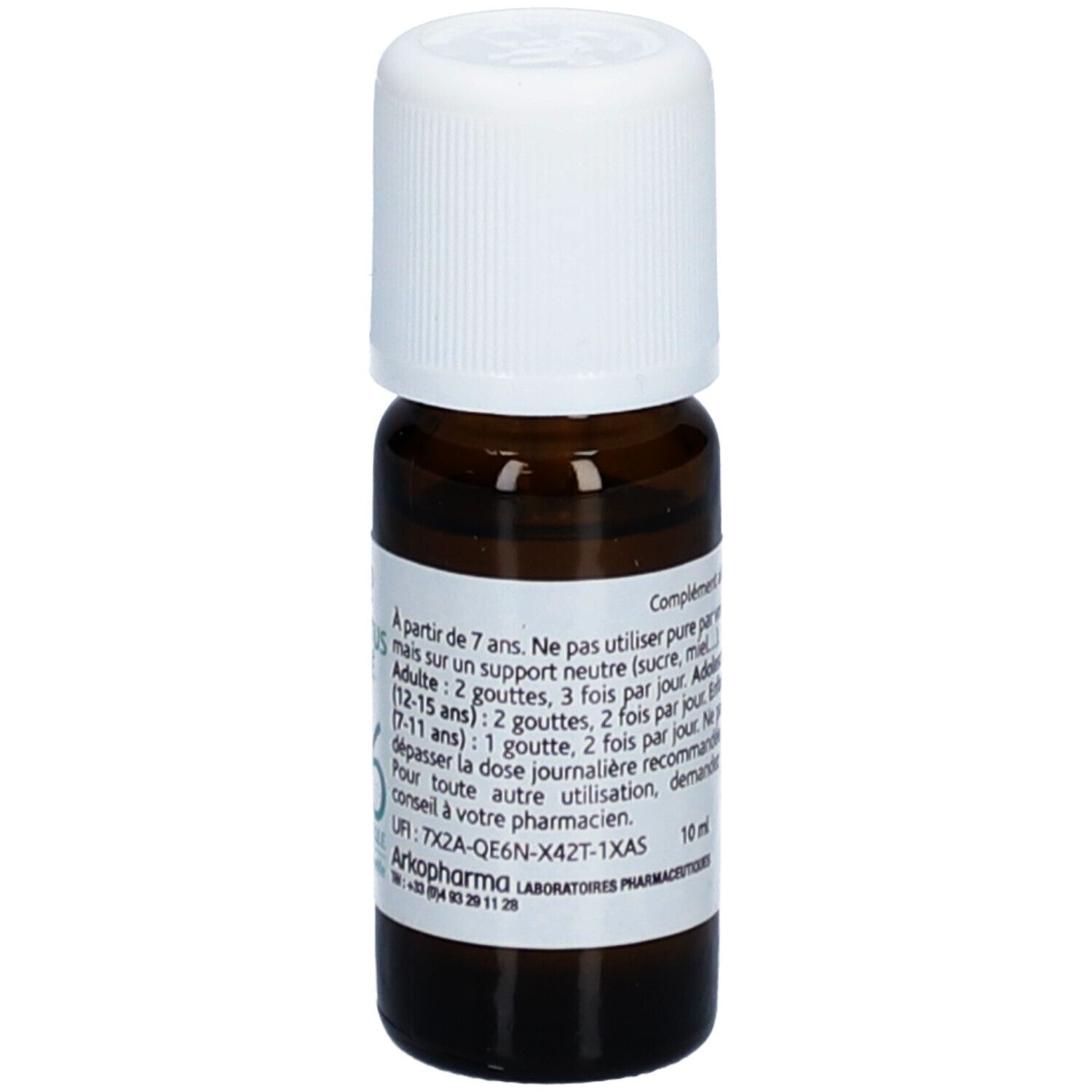 Bruine glazen fles met witte dop. Etiket met tekst: Arko Pharma, Eucalyptus Citronné Bio, Huile Essentielle. 10 ml.