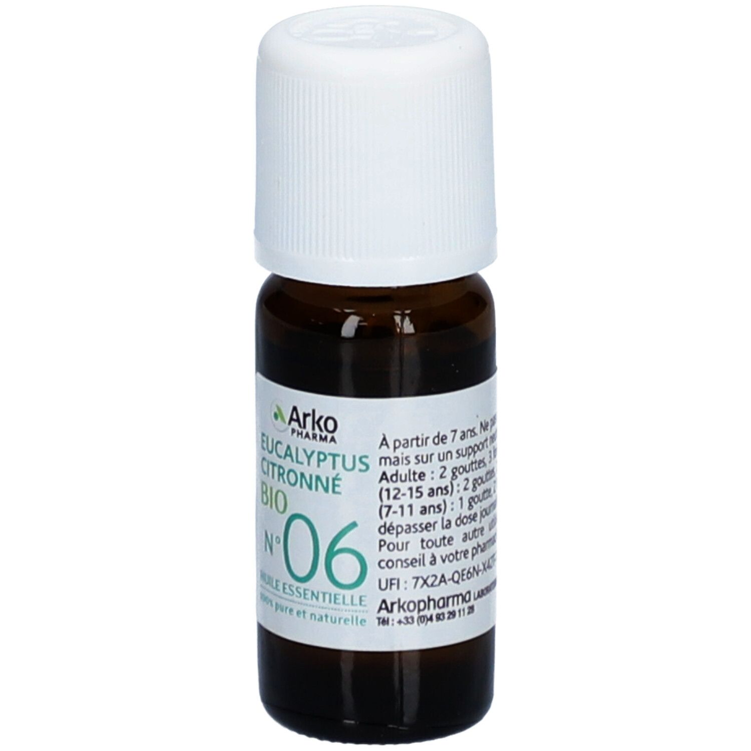 Bruine glazen fles met witte dop. Etiket met tekst: Arko Pharma, Eucalyptus Citronné Bio, Huile Essentielle, Nr. 06.