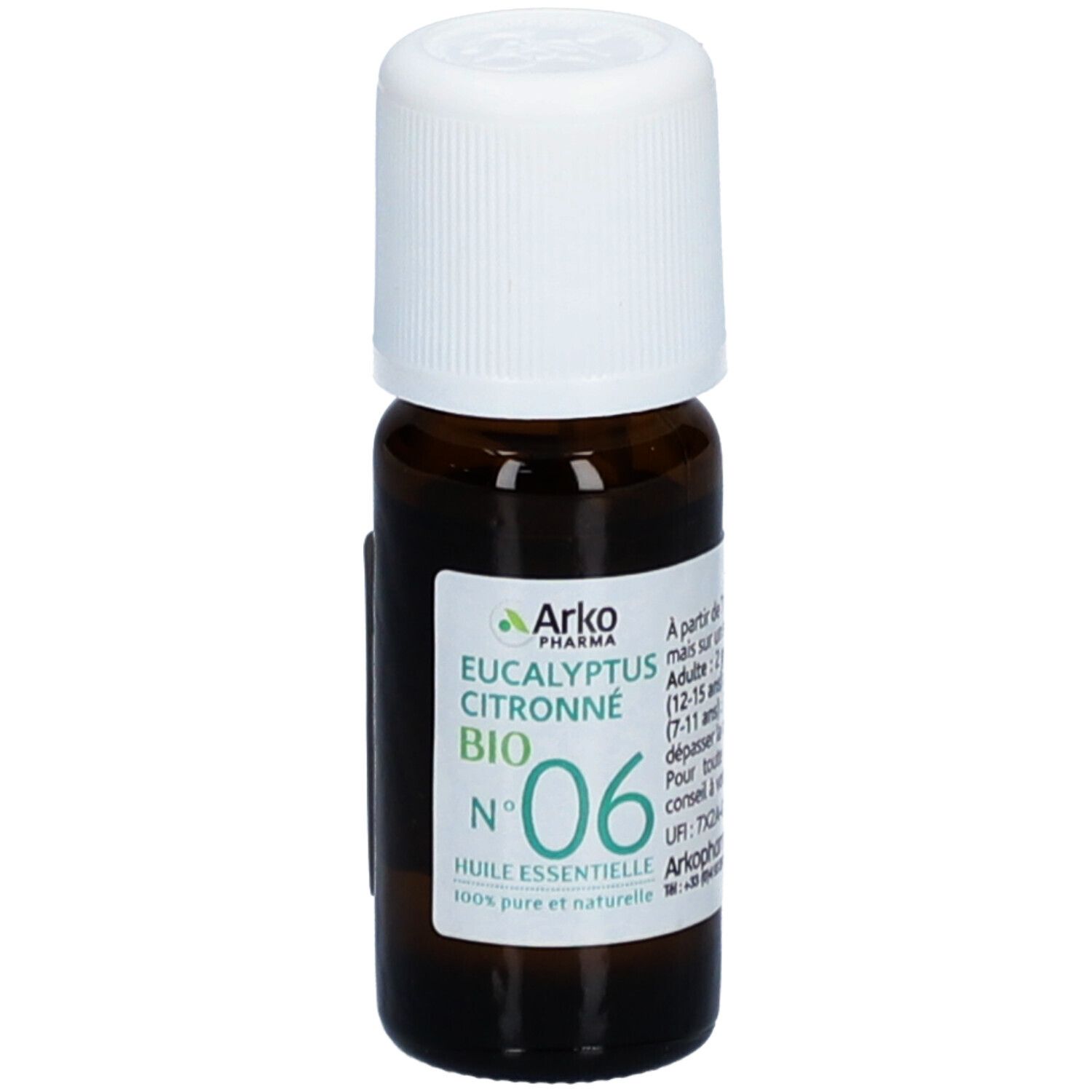 Bruine glazen fles met witte dop. Etiket met tekst: Arko Pharma, Eucalyptus Citronné Bio, Huile Essentielle, Nr. 06.