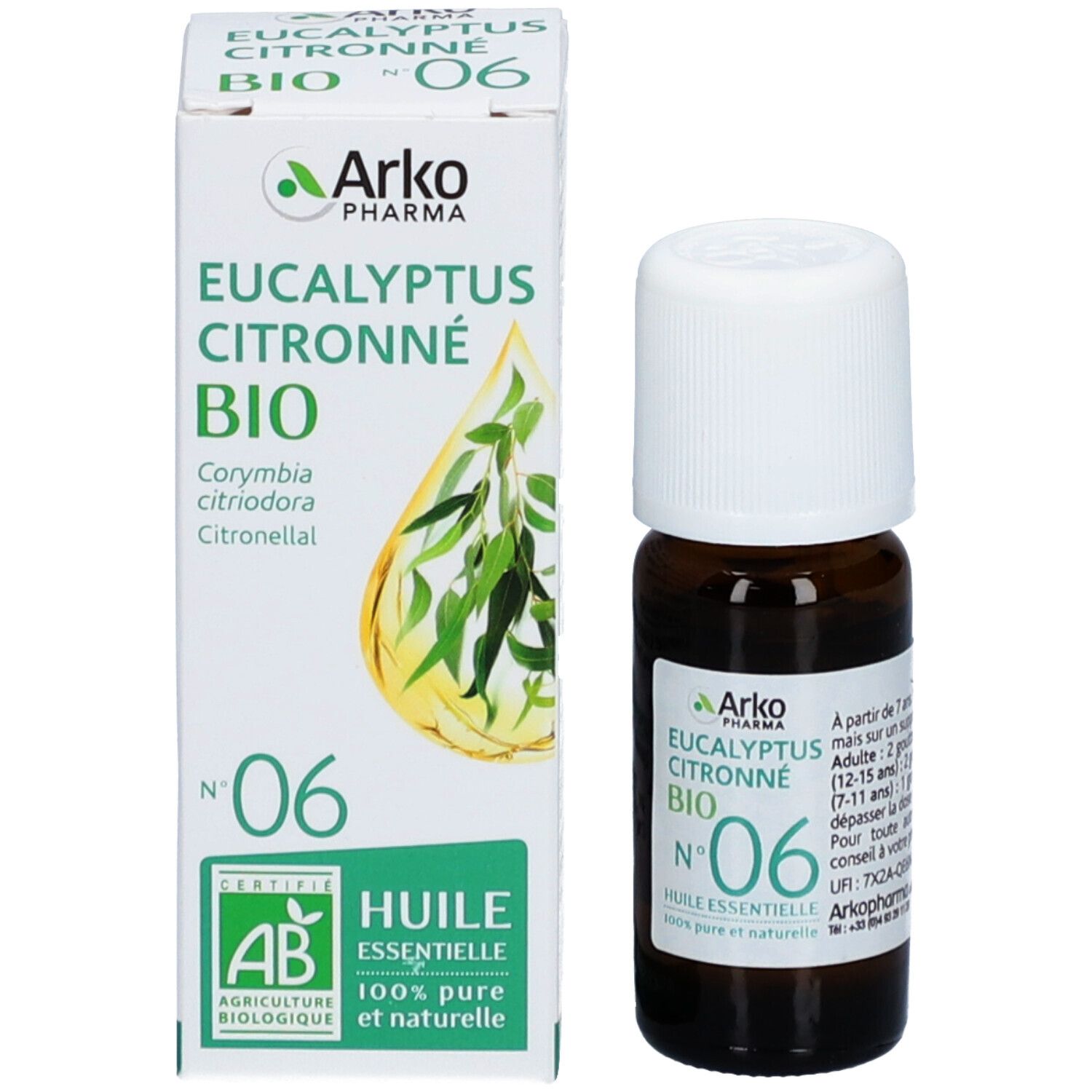 Productverpakking en fles. Verpakking met tekst: Arko Pharma, Eucalyptus Citronné Bio, Nr. 06. Fles met witte dop.