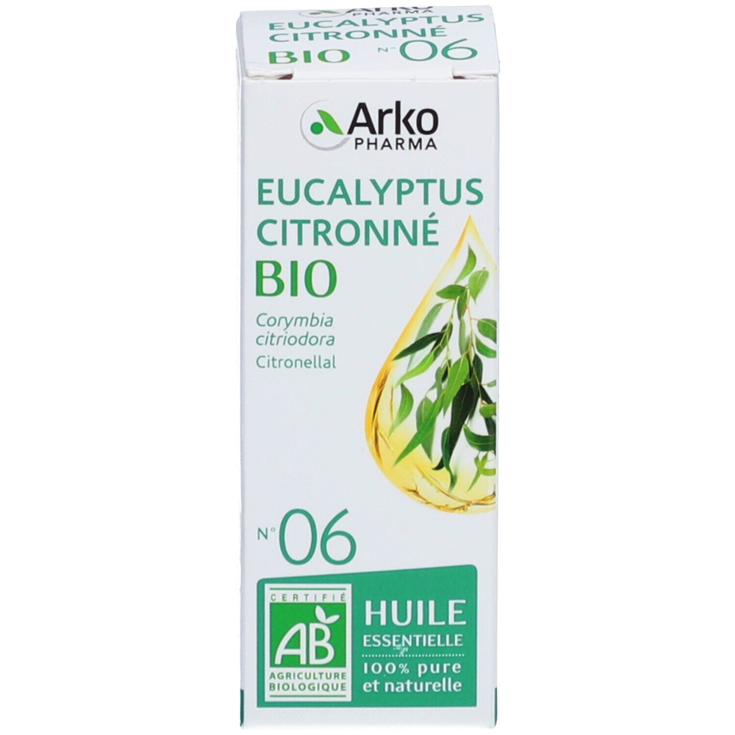 Productverpakking. Verpakking met tekst: Arko Pharma, Eucalyptus Citronné Bio, Nr. 06. AB-certificering.