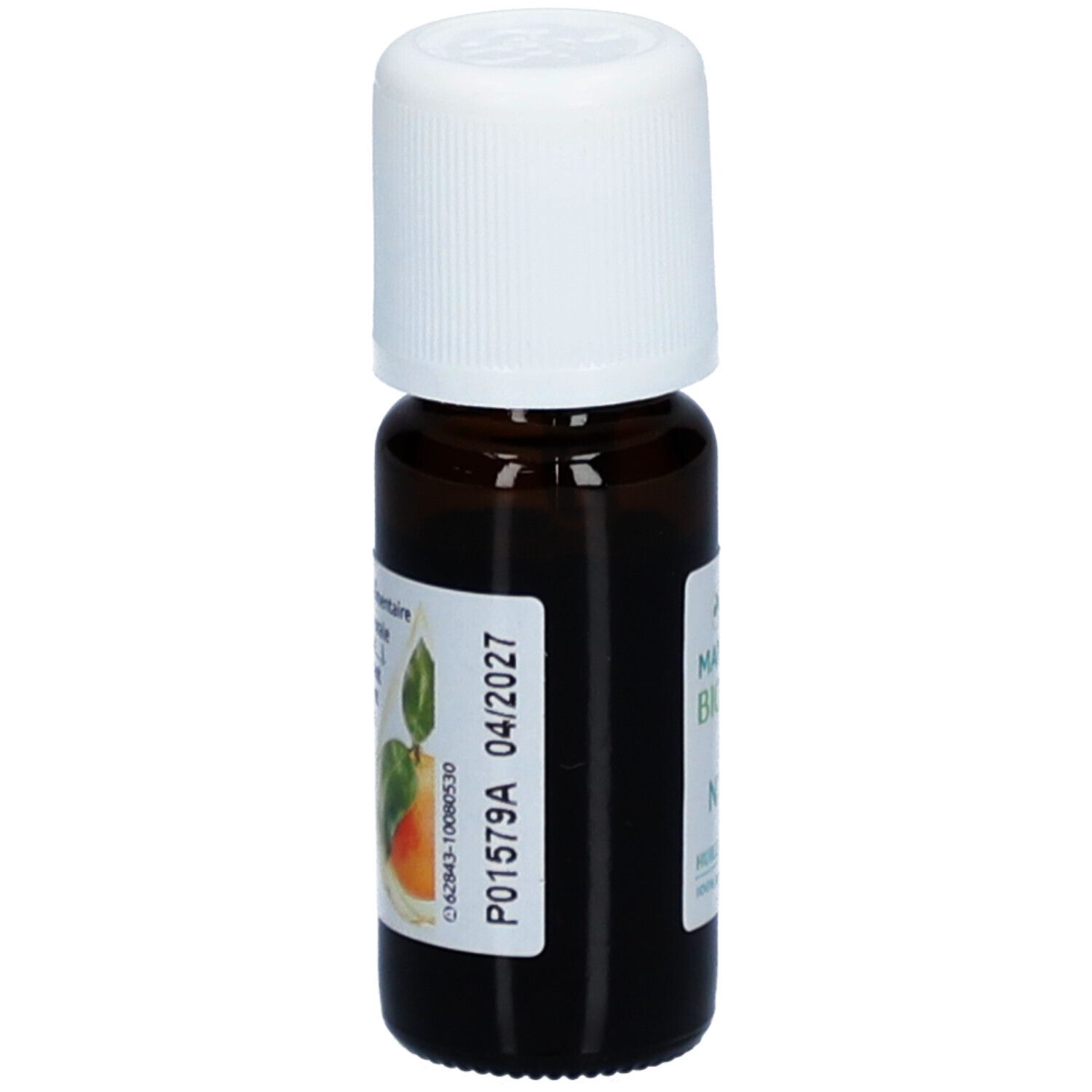 Bruine glazen fles met witte dop. Etiket met productinformatie en batchnummer P01579A 04/2027.