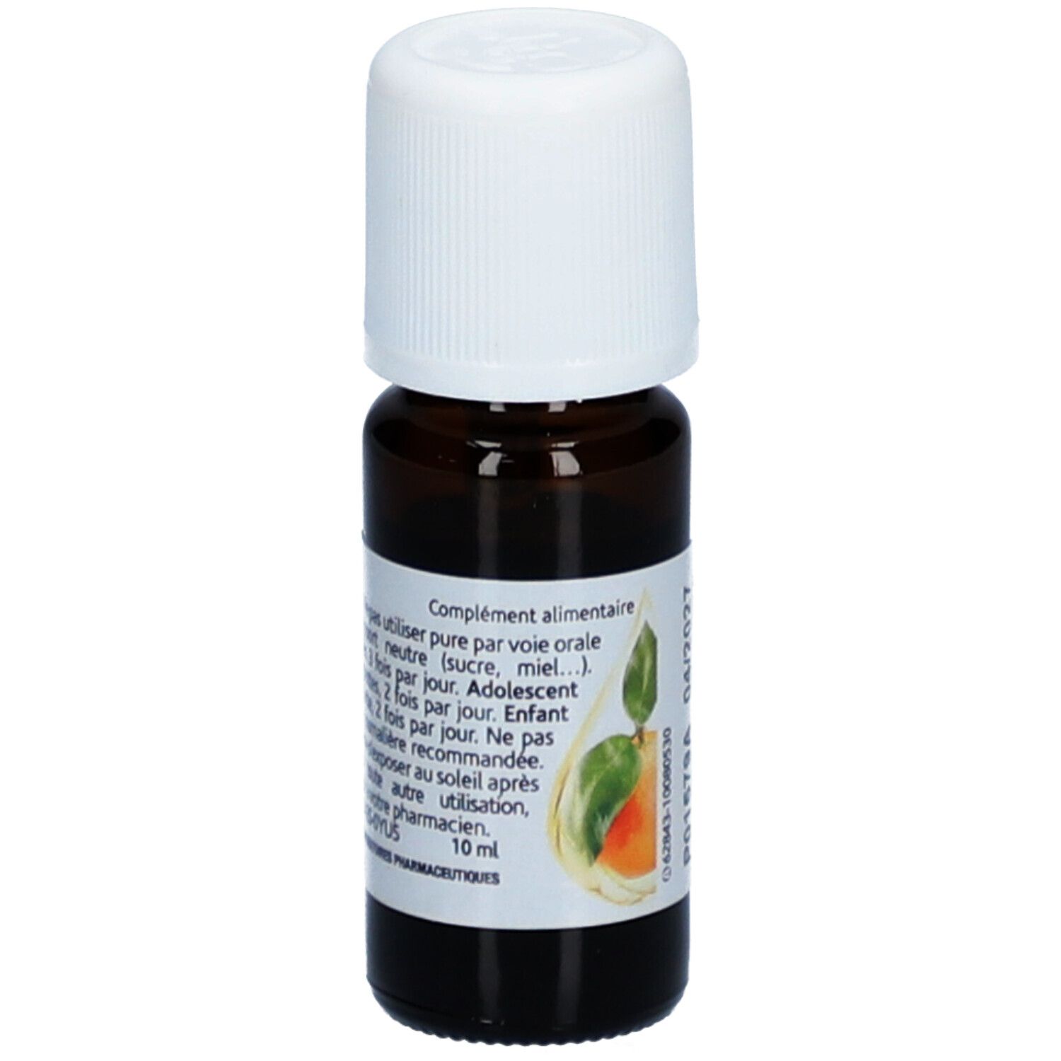 Bruine glazen fles met witte dop. Etiket met productinformatie, waaronder 10 ml en gebruiksaanwijzing.