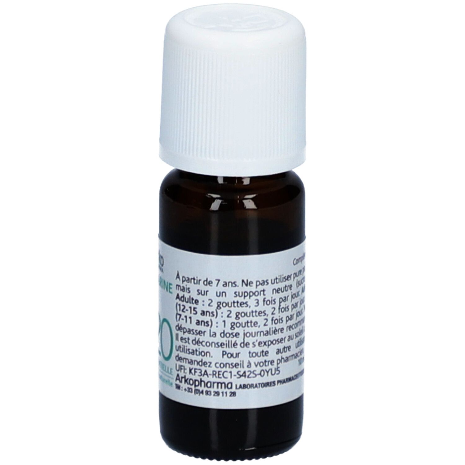 Bruine glazen fles met witte dop. Etiket met productinformatie, doseringsinstructies voor kinderen en volwassenen.