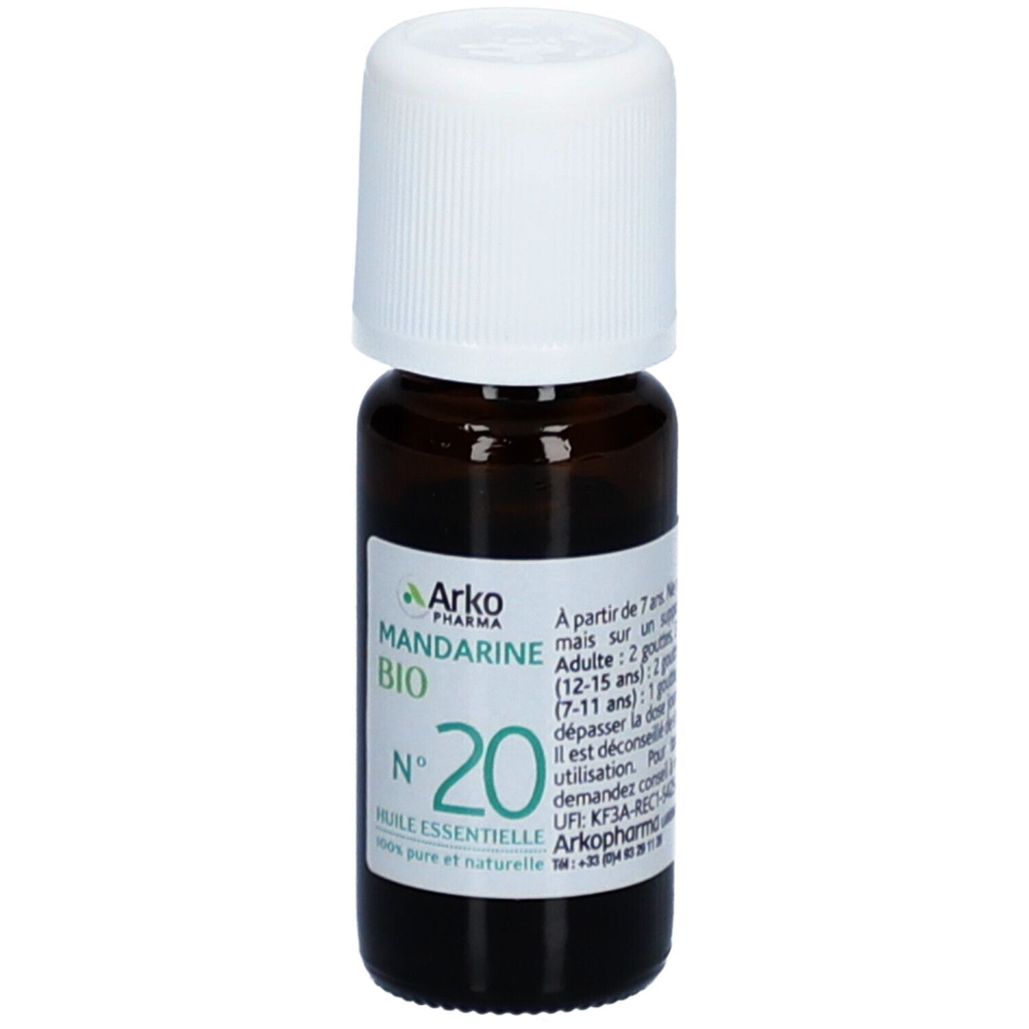 Bruine glazen fles met witte dop. Etiket met productinformatie: Mandarine BIO N°20, Arko Pharma.