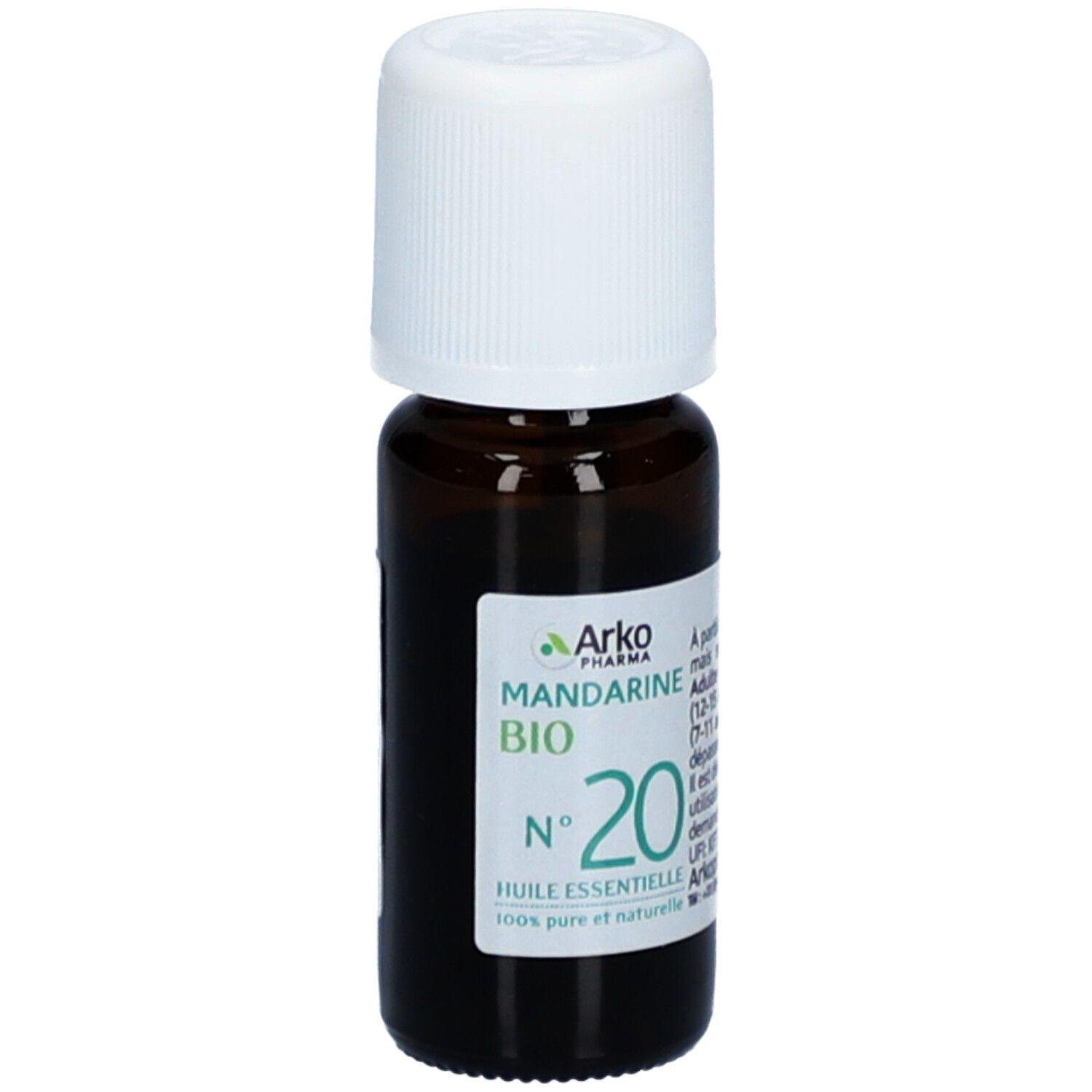 Bruine glazen fles met witte dop. Etiket met productinformatie: Mandarine BIO N°20, Arko Pharma.