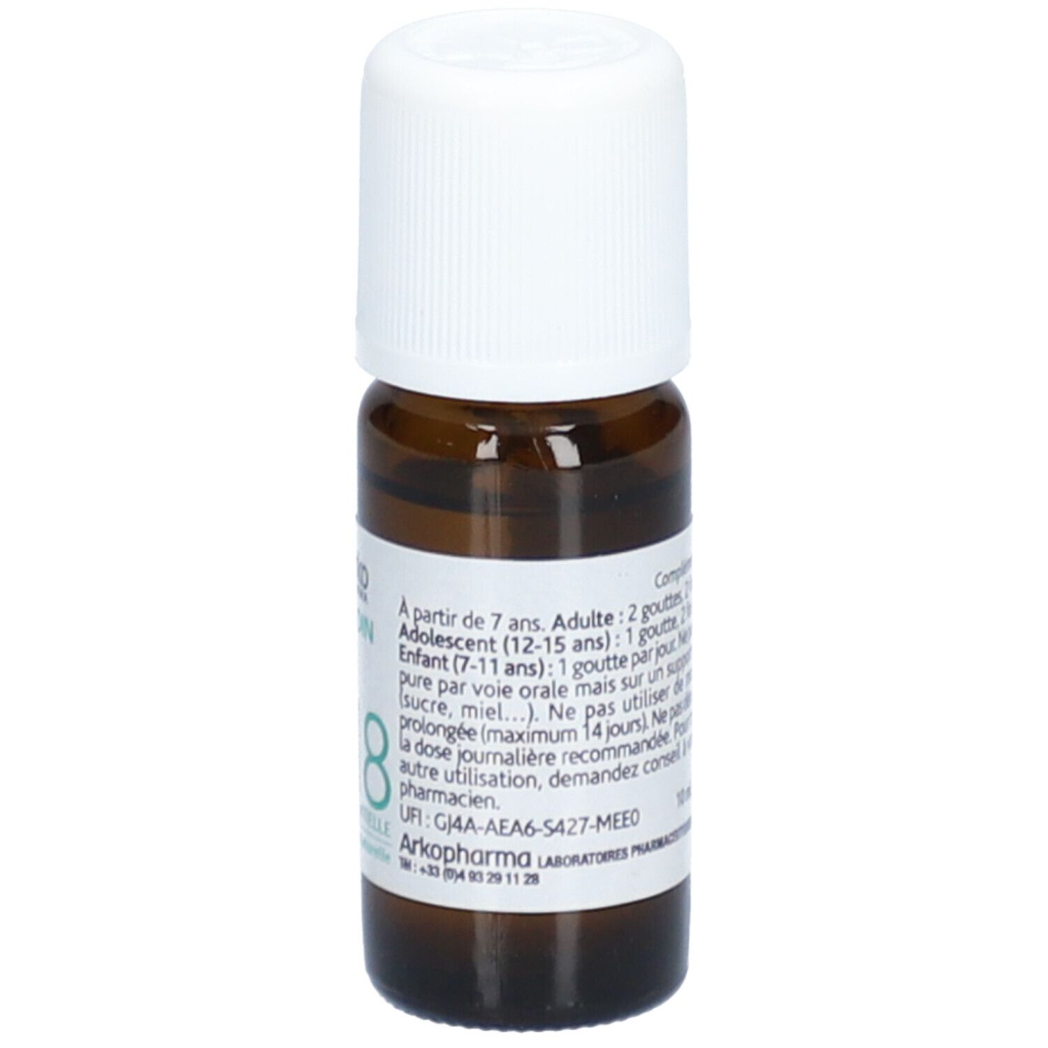 Flacon en verre brun avec bouchon blanc. Étiquette avec texte: À partir de 7 ans. Recommandations de dosage. Marque: Arko Pharma.