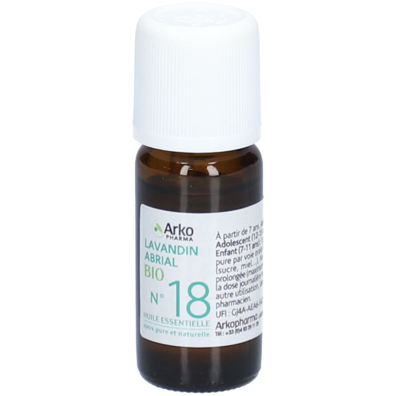 Flacon en verre brun avec bouchon blanc. Étiquette avec texte: Lavandin Abrial Bio, N° 18. Marque: Arko Pharma. 100% pur et naturel.