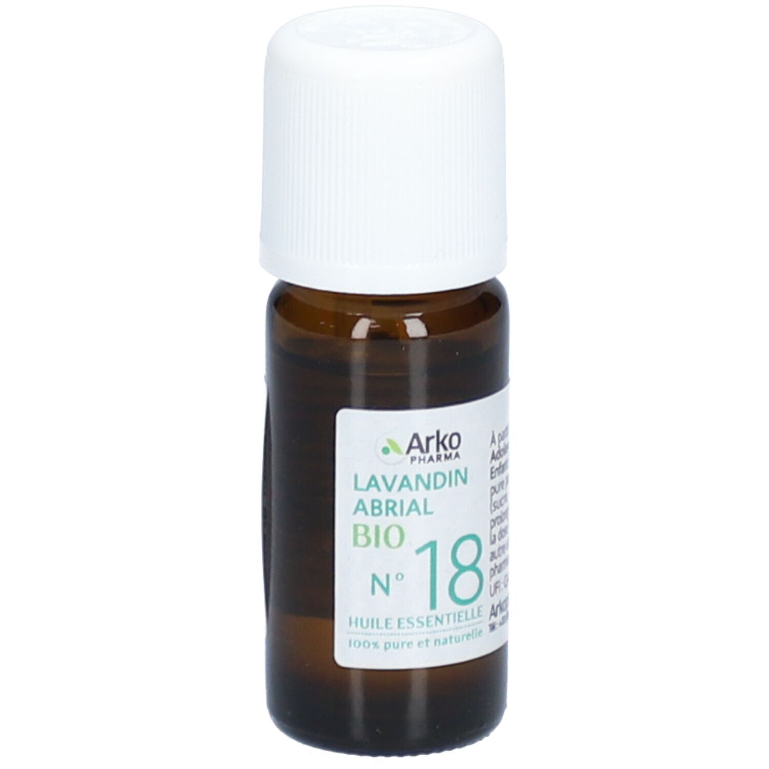 Flacon en verre brun avec bouchon blanc. Étiquette avec texte: Lavandin Abrial Bio, N° 18. Marque: Arko Pharma. 100% pur et naturel.