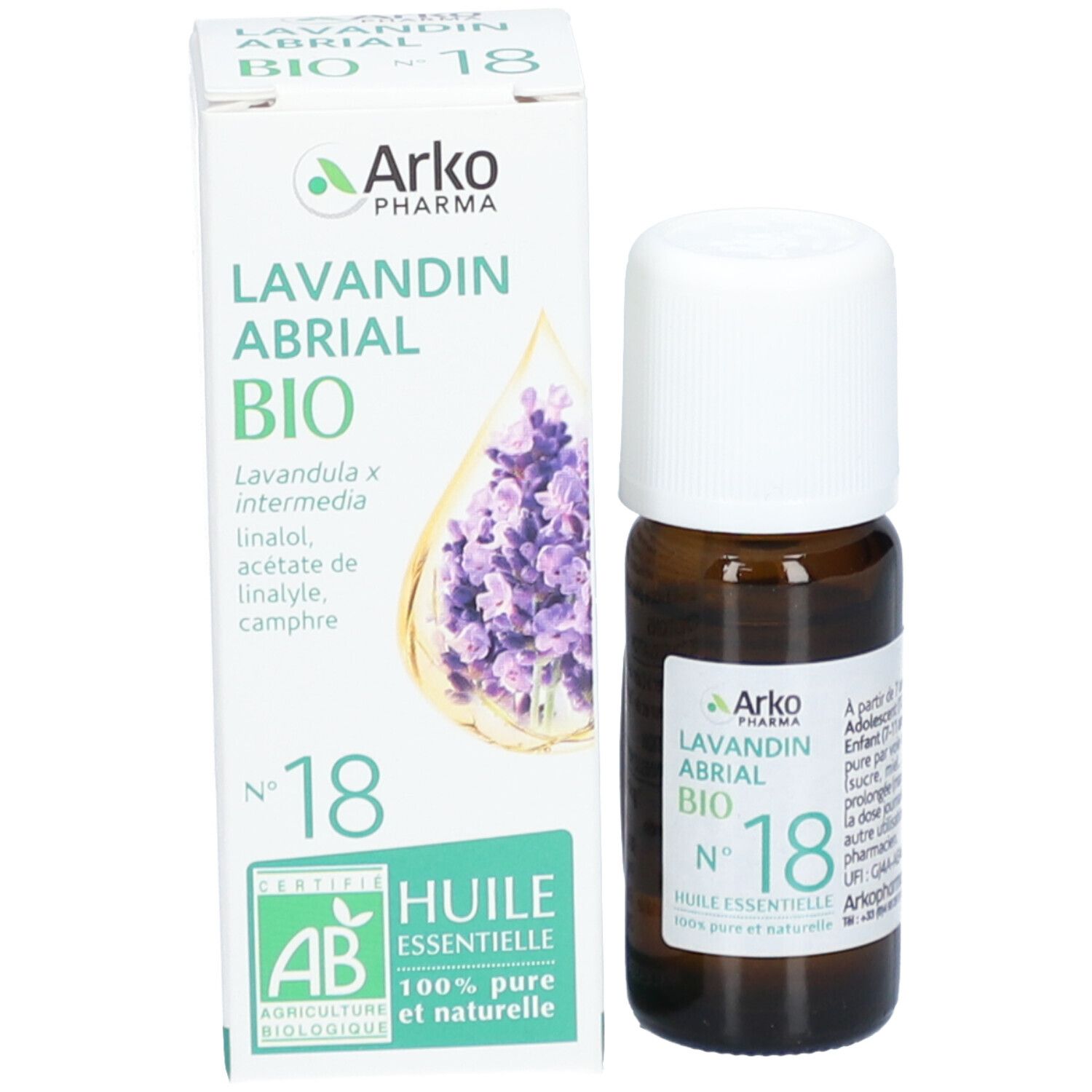 Emballage du produit avec flacon et boîte. Boîte avec texte: Lavandin Abrial Bio, N° 18. Marque: Arko Pharma. Certification.
