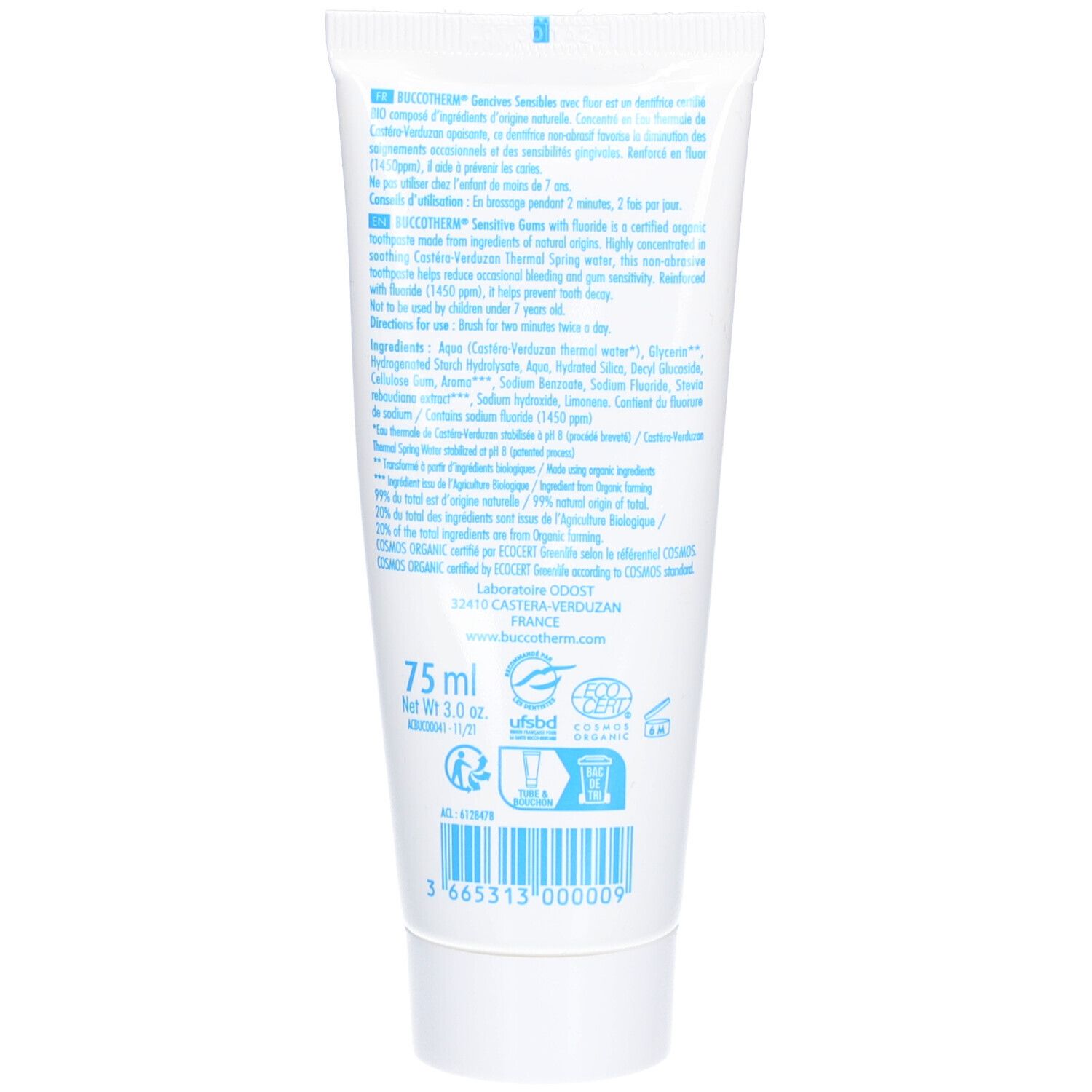 Achterkant van de tandgel tube. Meertalige tekst. Ingrediënten, gebruiksaanwijzing, fabrikantinfo. Bio-certificering.