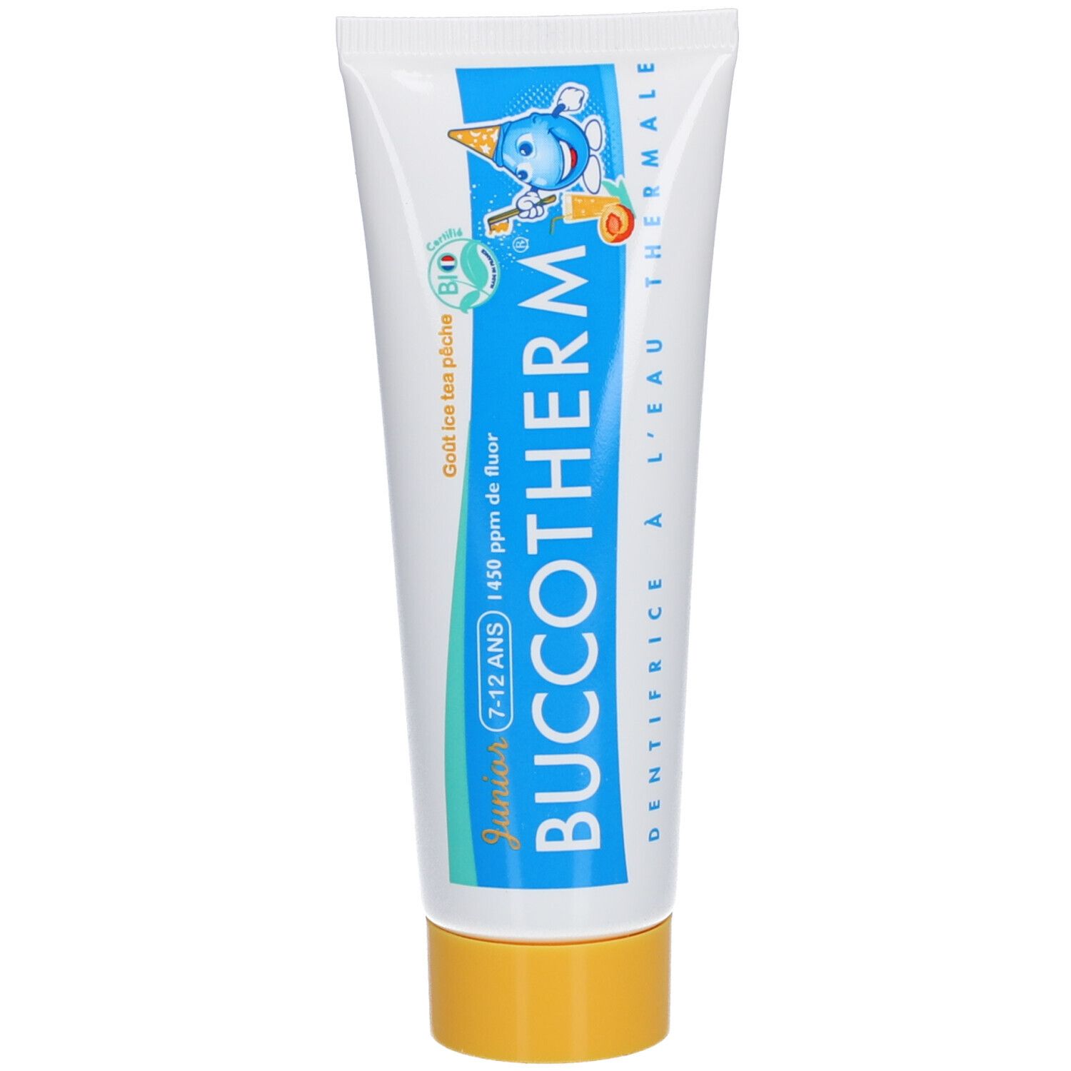 Witte tandpastatube met blauw en geel design. Opschrift: BUCCOTHERM Junior, 7-12 jaar, 1450 ppm fluoride.