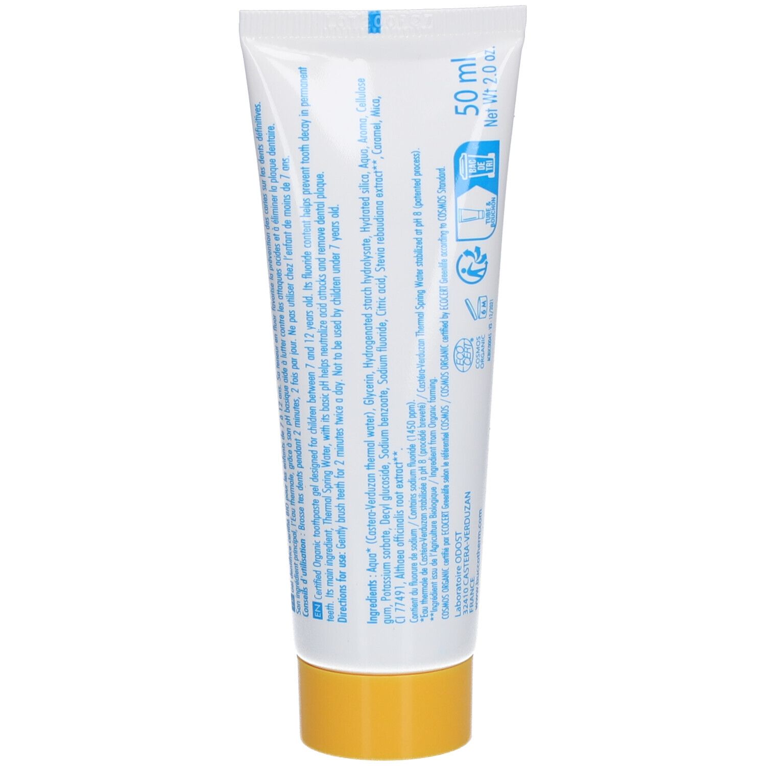 Achterkant van de tandpastatube. Bevat informatie over ingrediënten en gebruik. Gele dop.