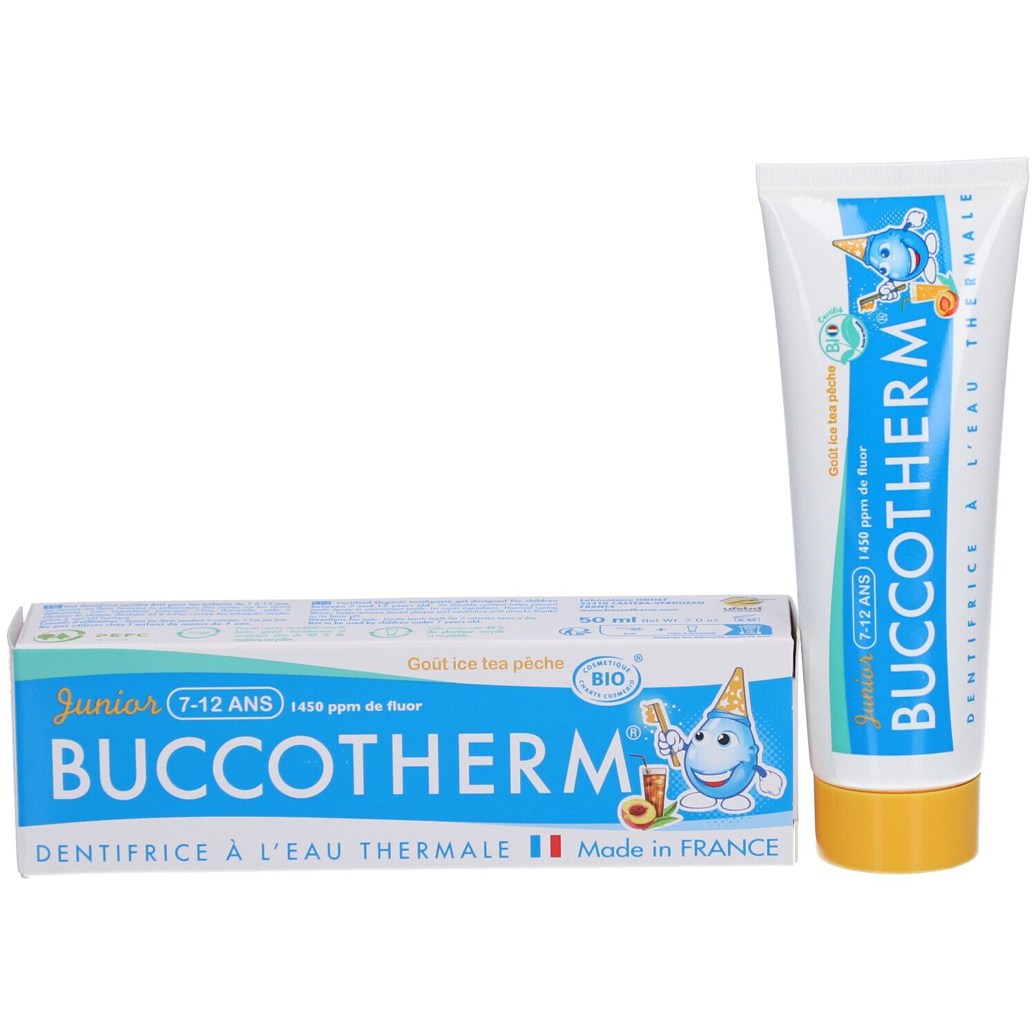 Tandpastatube en doos. Beide tonen BUCCOTHERM Junior, 7-12 jaar. Bedrukte doos.