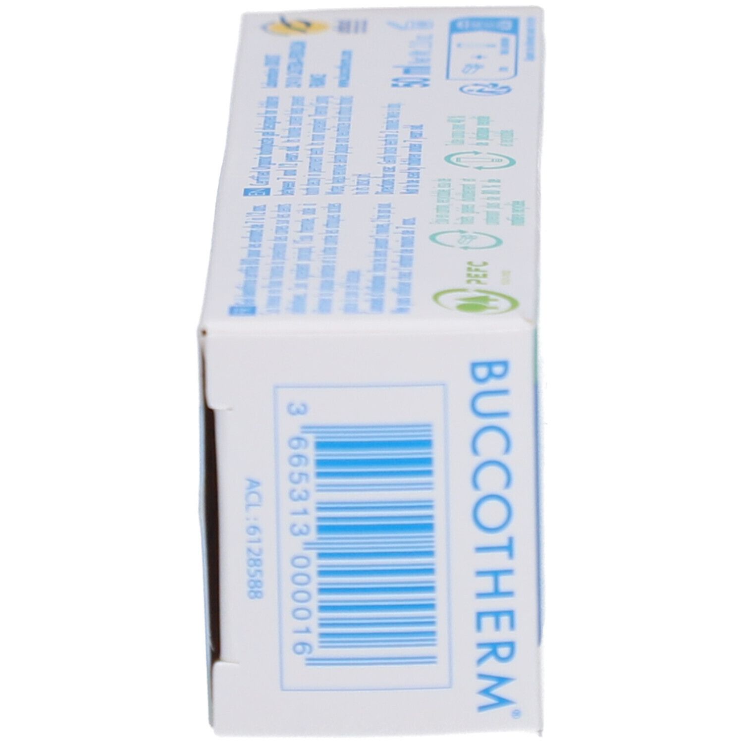 Zijaanzicht van de doos. Toont informatie en barcode. Wit met blauw en groen design.