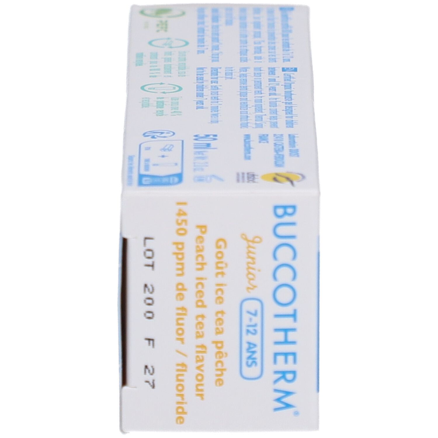 Zijaanzicht van de doos. Toont informatie, lotnummer en fluoridegehalte. Wit met blauw design.