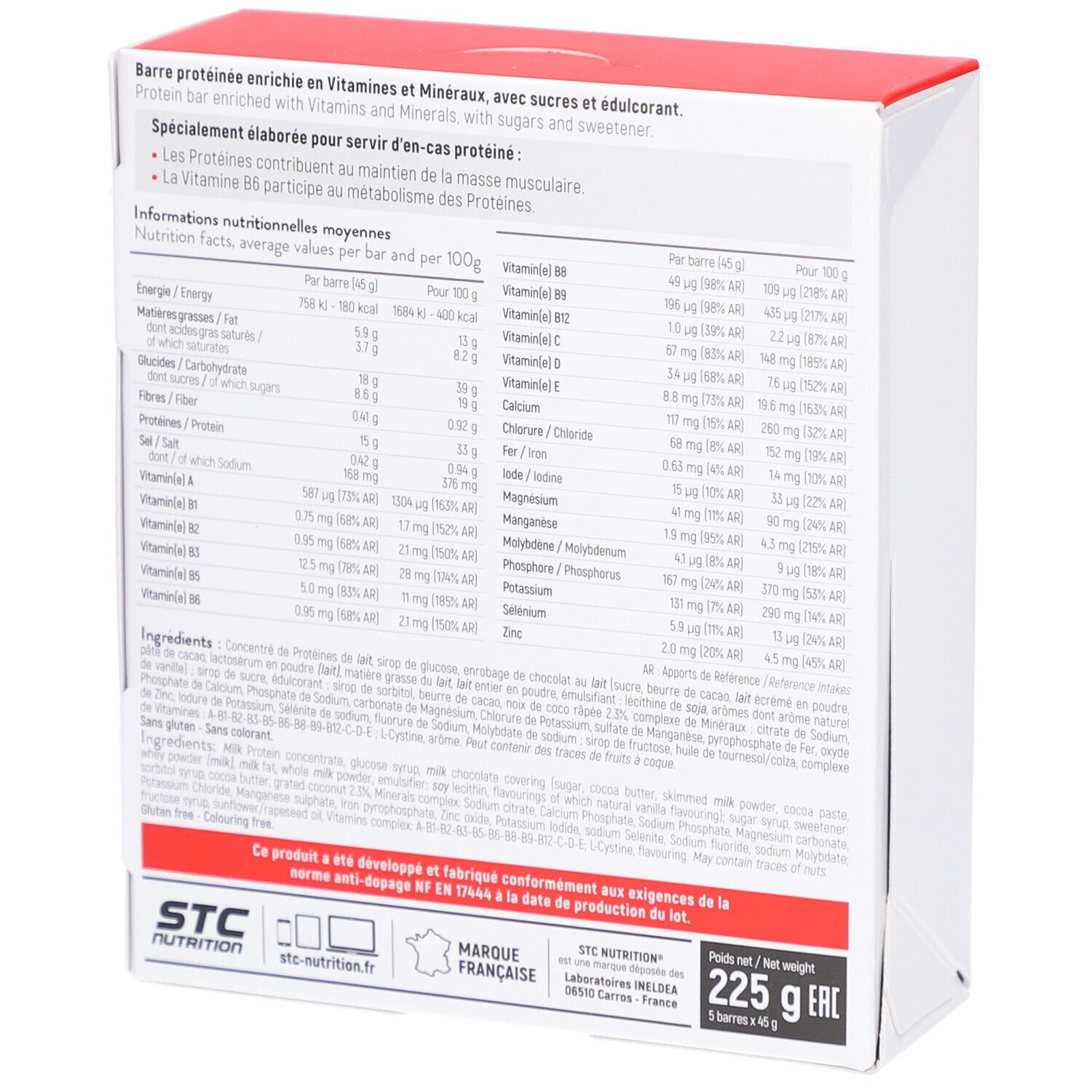 Achterkant van de verpakking. Bevat voedingswaarde, ingrediëntenlijst en merkinformatie. Rode deksel.