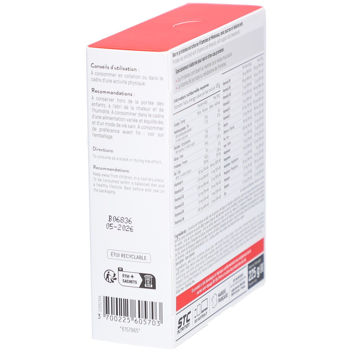 Zijkant van de verpakking met informatie over gebruik, aanbevelingen en ingrediënten. Rode deksel.