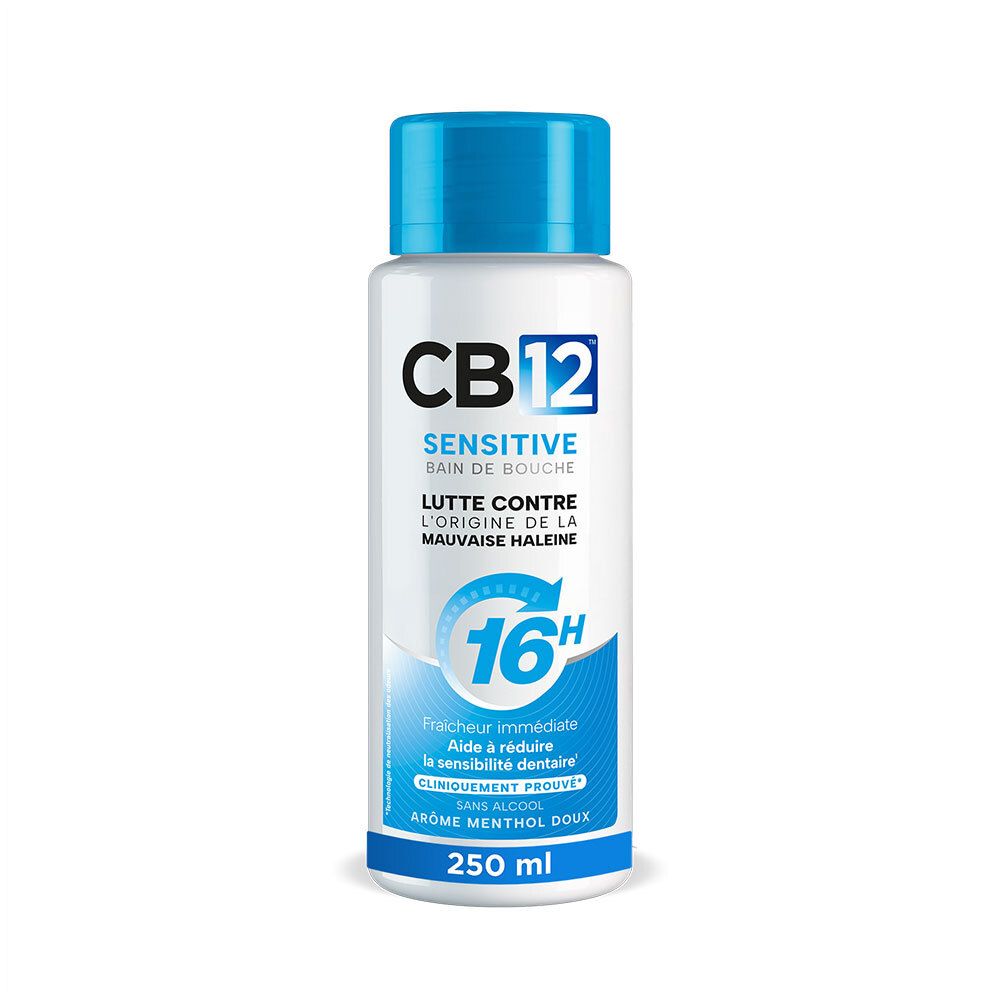 Fles CB12 Sensitive mondwater met blauwe dop, 250 ml.